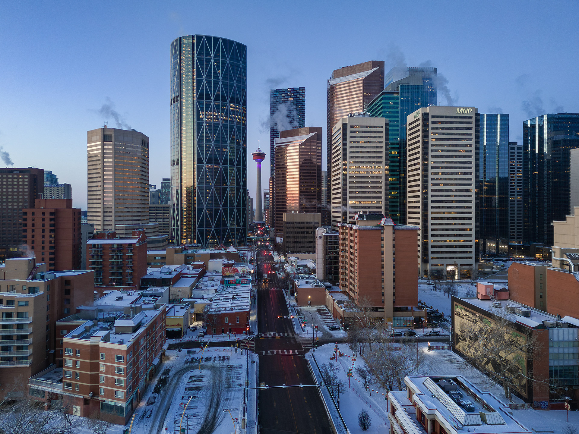 Photo of a portion of the Downtown Calgary skyline, looking down Centre Street S, from near Crescent Heights, Calgary, AB - March 30th