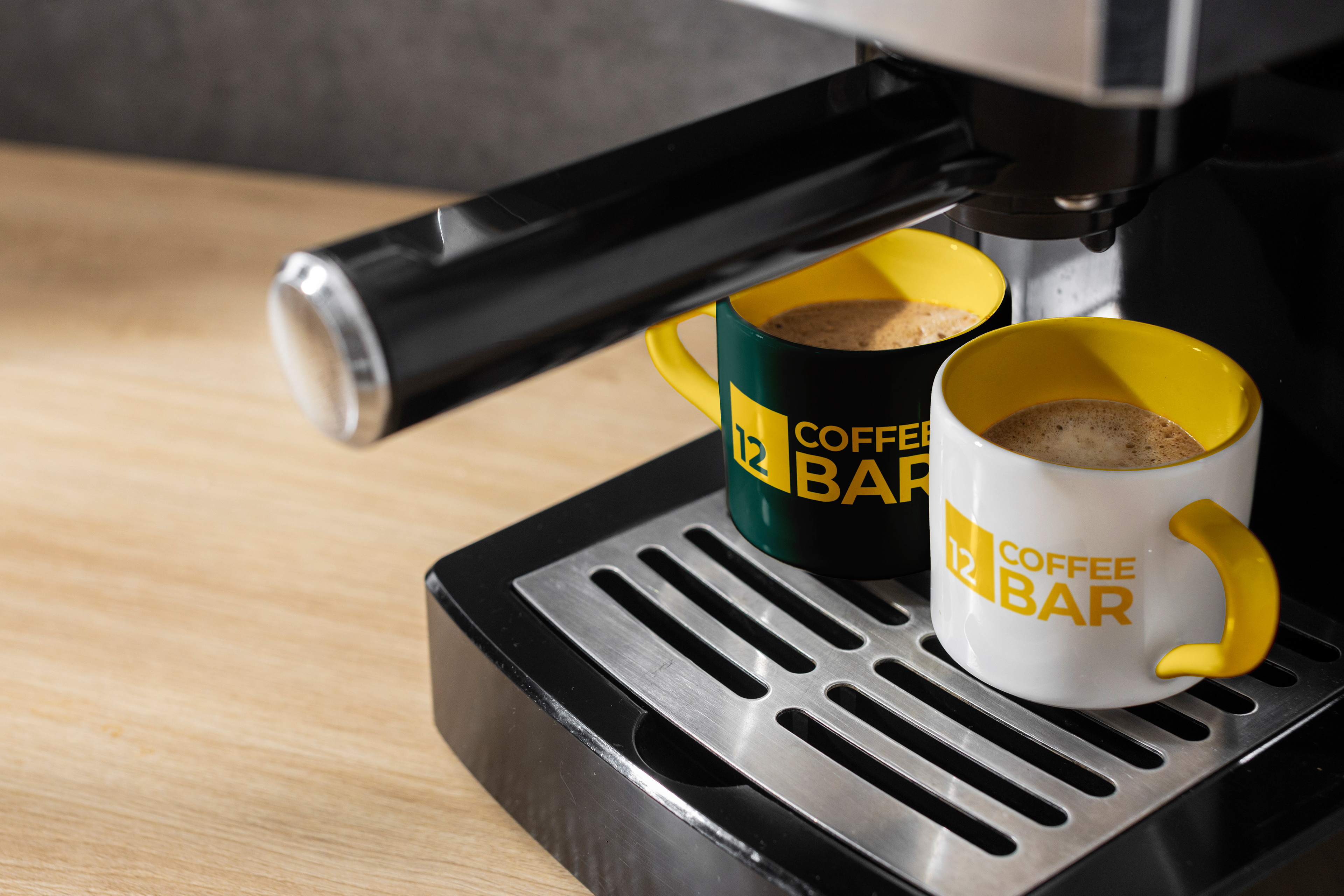 Branded coffee mugs.