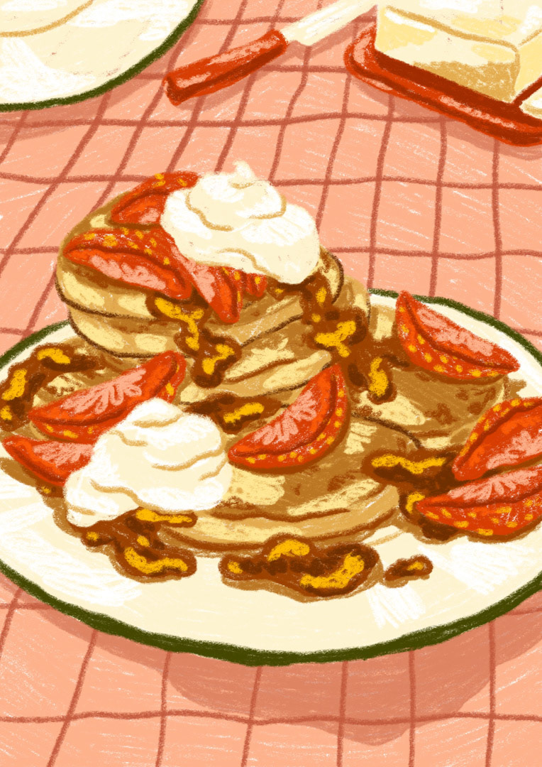 illustration of pancakes with strawberries, whipped cream and maple sirup. By Bianca Gschlecht