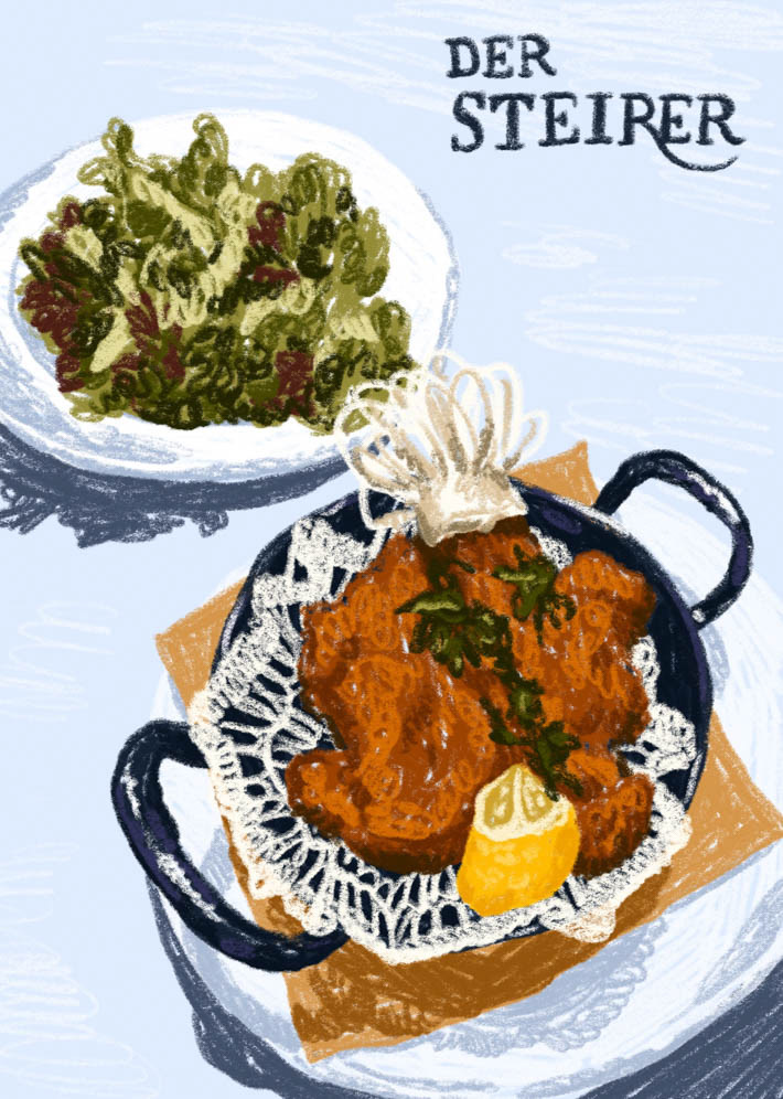 digital illustration of “Backhendl” and green salad at the Styrian restaurant “Der Steirer” in Graz, Austria.