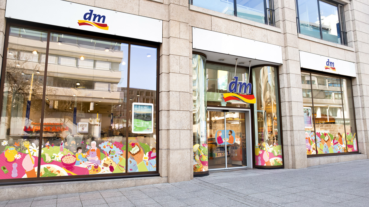 Spring-themed window display illustration for dm Drogeriemarkt, blending indoor and outdoor scenes with playful details
