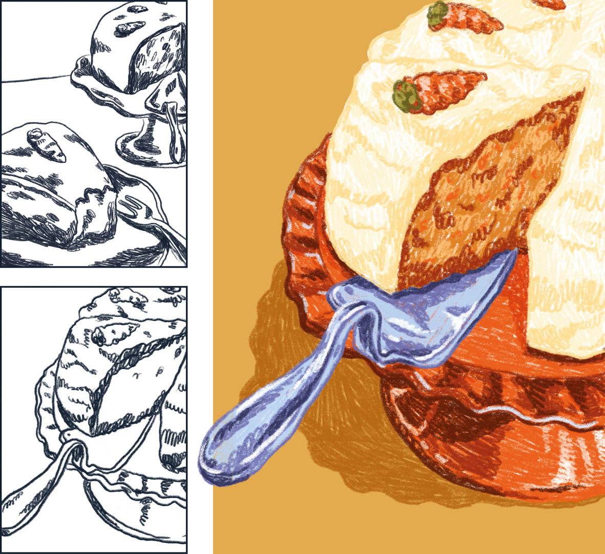 sketches and illustration of a carrot cake on a serving platter. Bianca Gschlecht