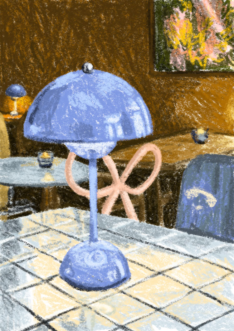 Digital illustration by Bianca Gschlecht of a café interior with a mix of design chairs and flowerpot lamps by the brand &Tradition