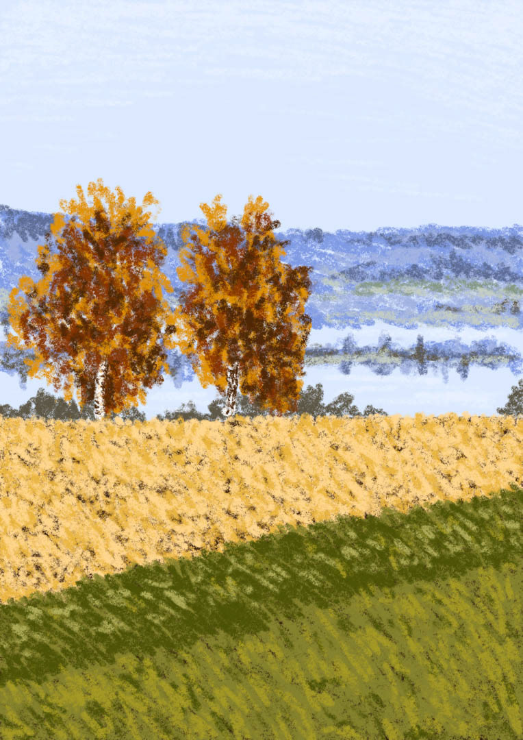 Illustration of fields, trees and the Insel Reichenau in Autumn, by German illustrator Bianca Gschlecht