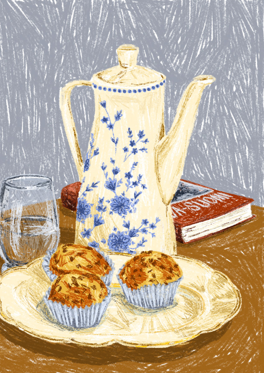 illustration of cozy birthday party with home-made muffins on a vintage plate with a flower pattern teapot and book in the back. By Bianca Gschlecht. Konstanz