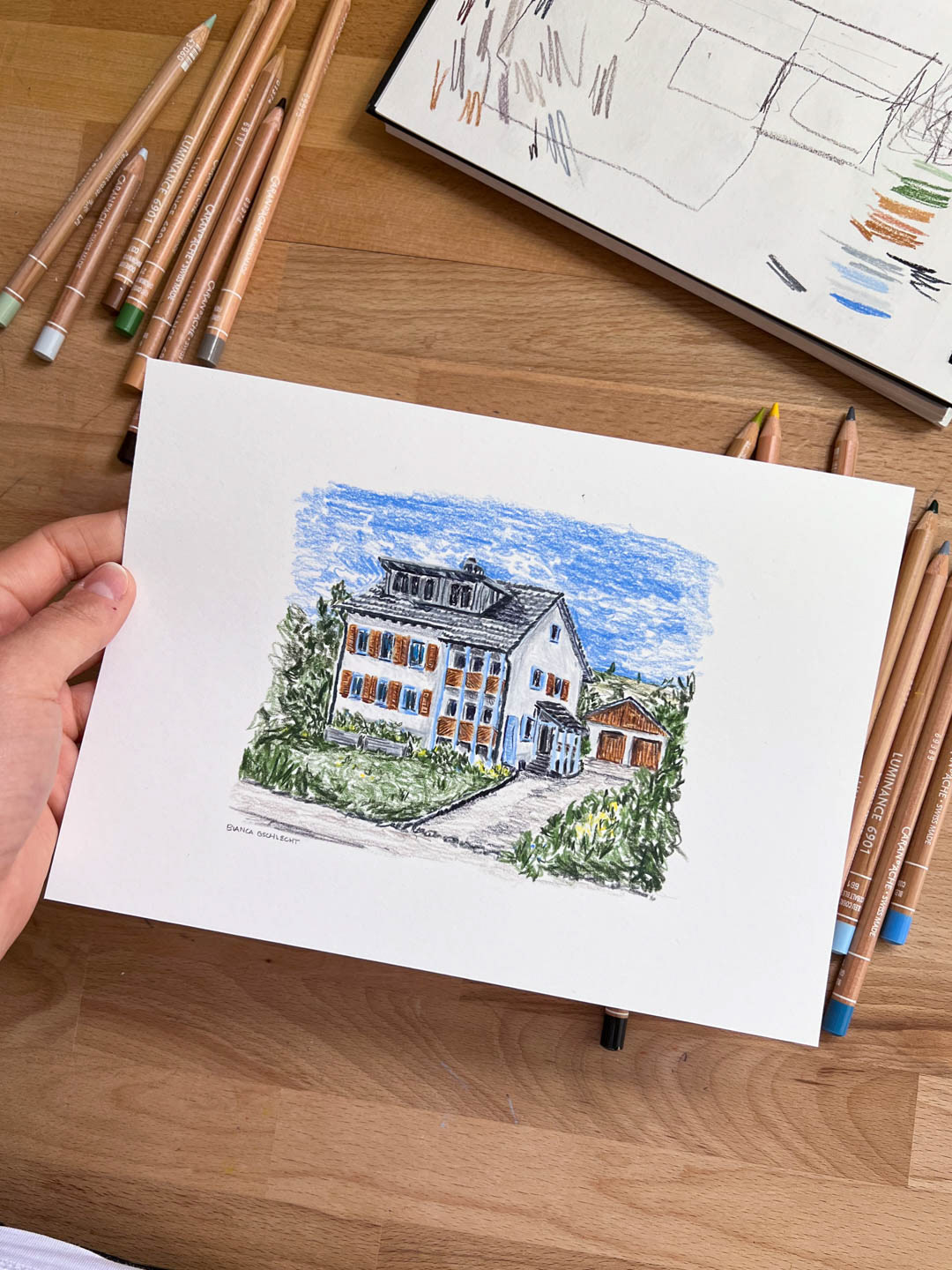 custom hand-drawn house portrait by illustrator Bianca Gschlecht from Konstanz