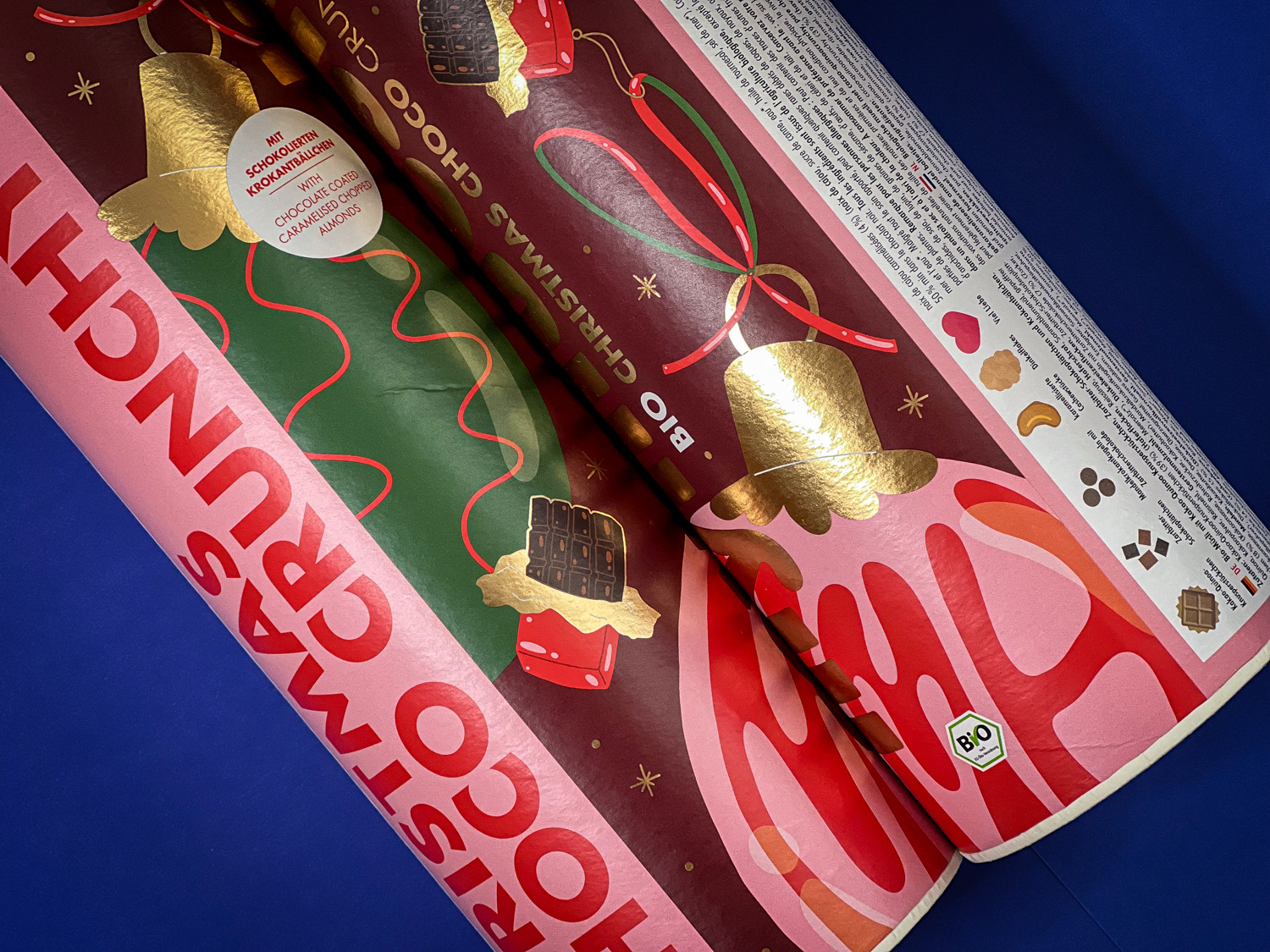 packaging illustration for Christmas cereal box campaign with ornaments, chocolate and handlettering