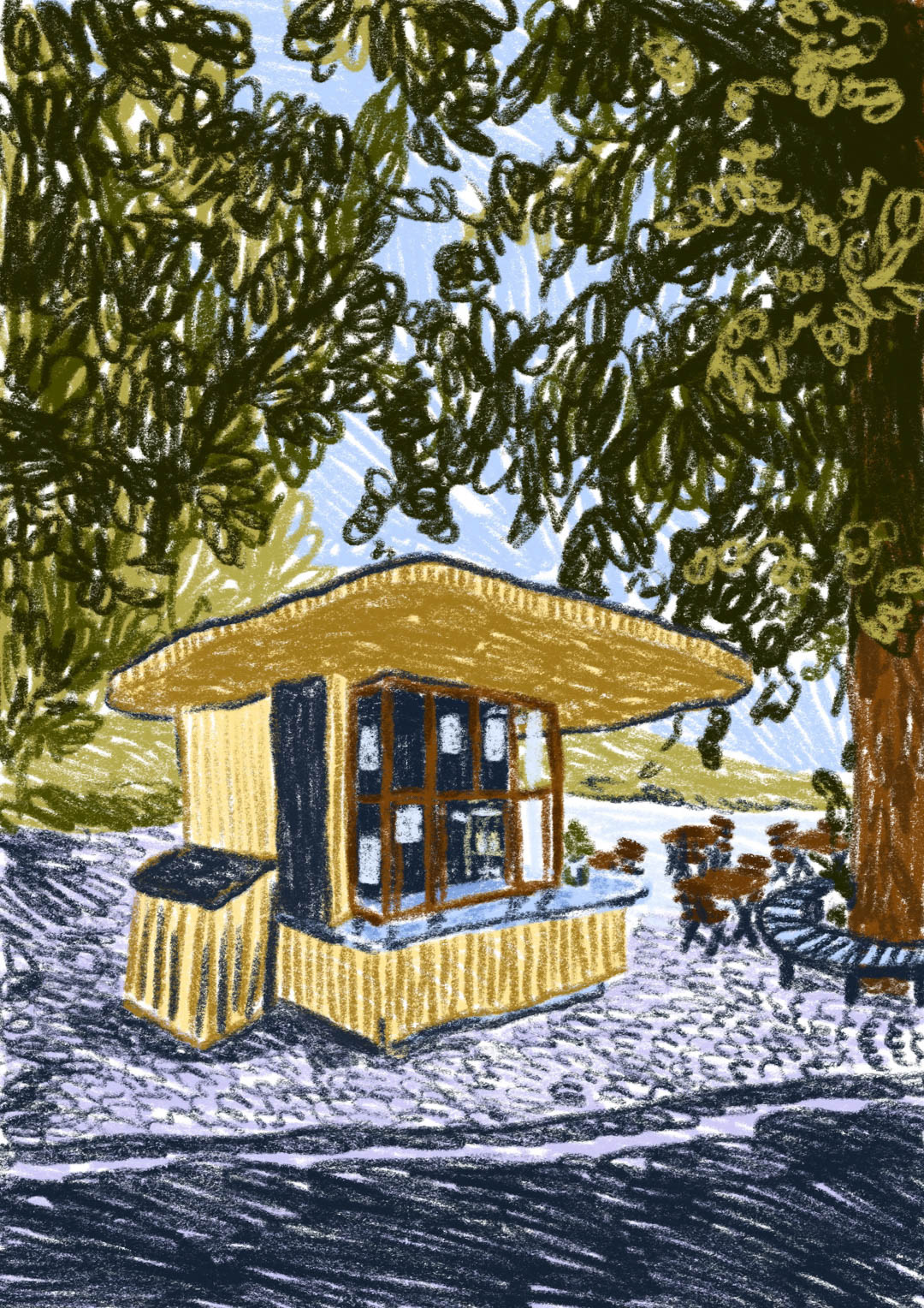 illustration of the outside at juggebar in Helsinki, Finland. By Bianca Gschlecht