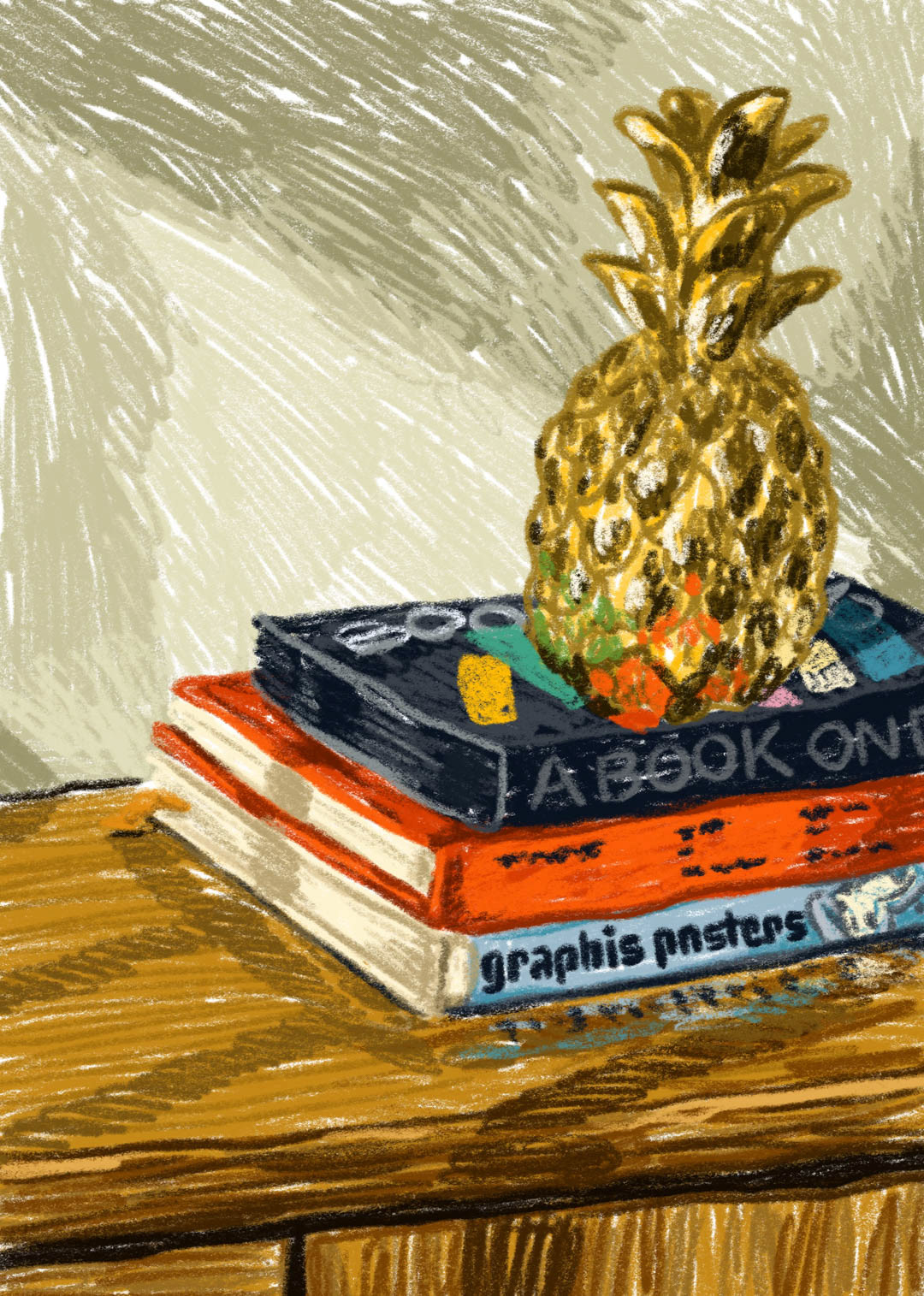 illustration of an interior scene featuring a golden pineapple and books on a wooden sideboard. Bianca Gschlecht