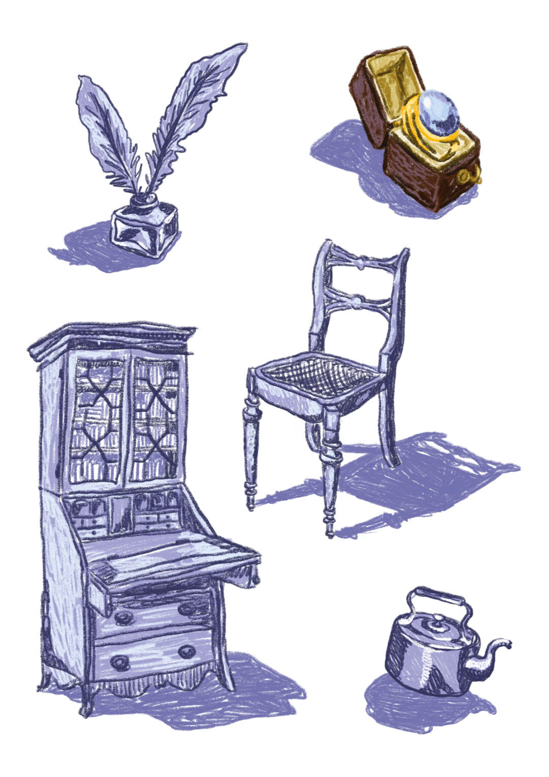 illustrations of items exhibited at the Jane Austen’s House museum, like a ring, quill, bookcase, chair and teapot