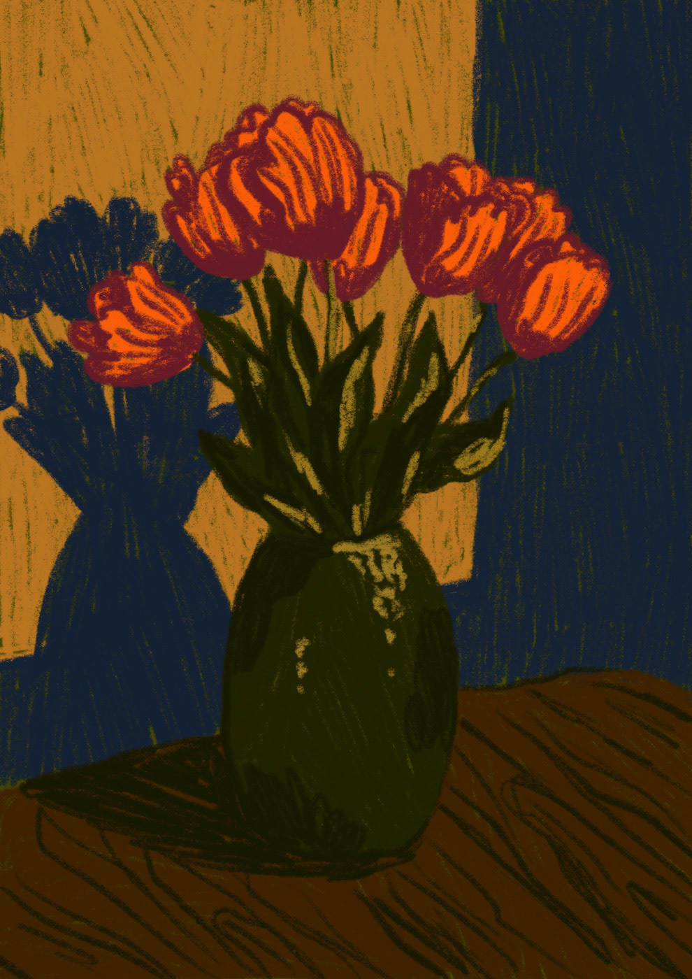 illustration showing a vase with tulips on a wooden table in the dark by Bianca Gschlecht