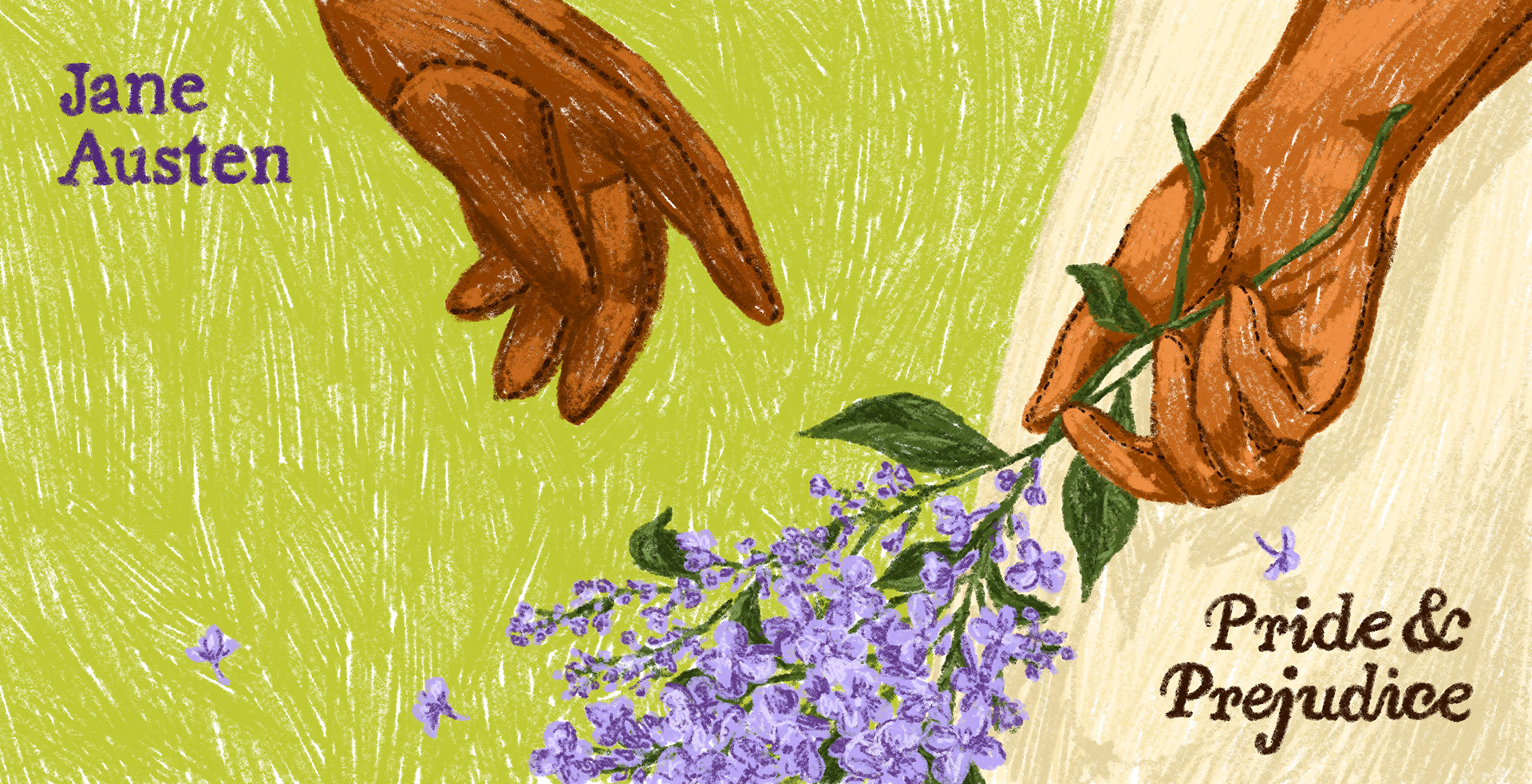cover illustration for Jane Austen novel pride and prejudice showing an intimate scene featuring lavendar