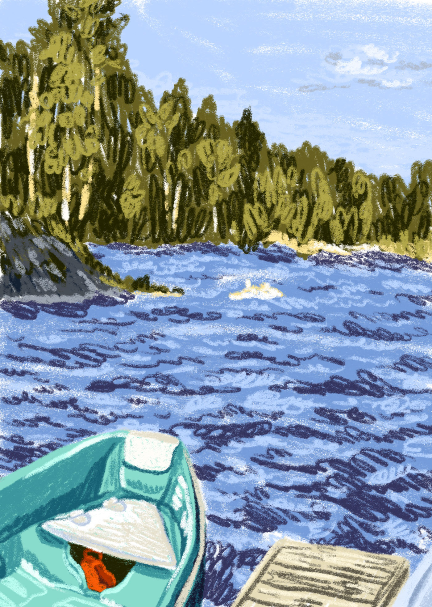 lifestyle illustration showing the lake “Matildanjärvi” at Teijo National park in Findland. By Bianca Gschlecht