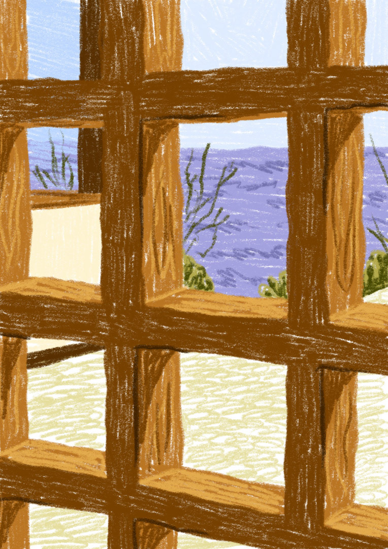 illustration of windows at Louisiana Museum of Modern Art in Denmark, looking outside at sea. Bianca Gschlecht