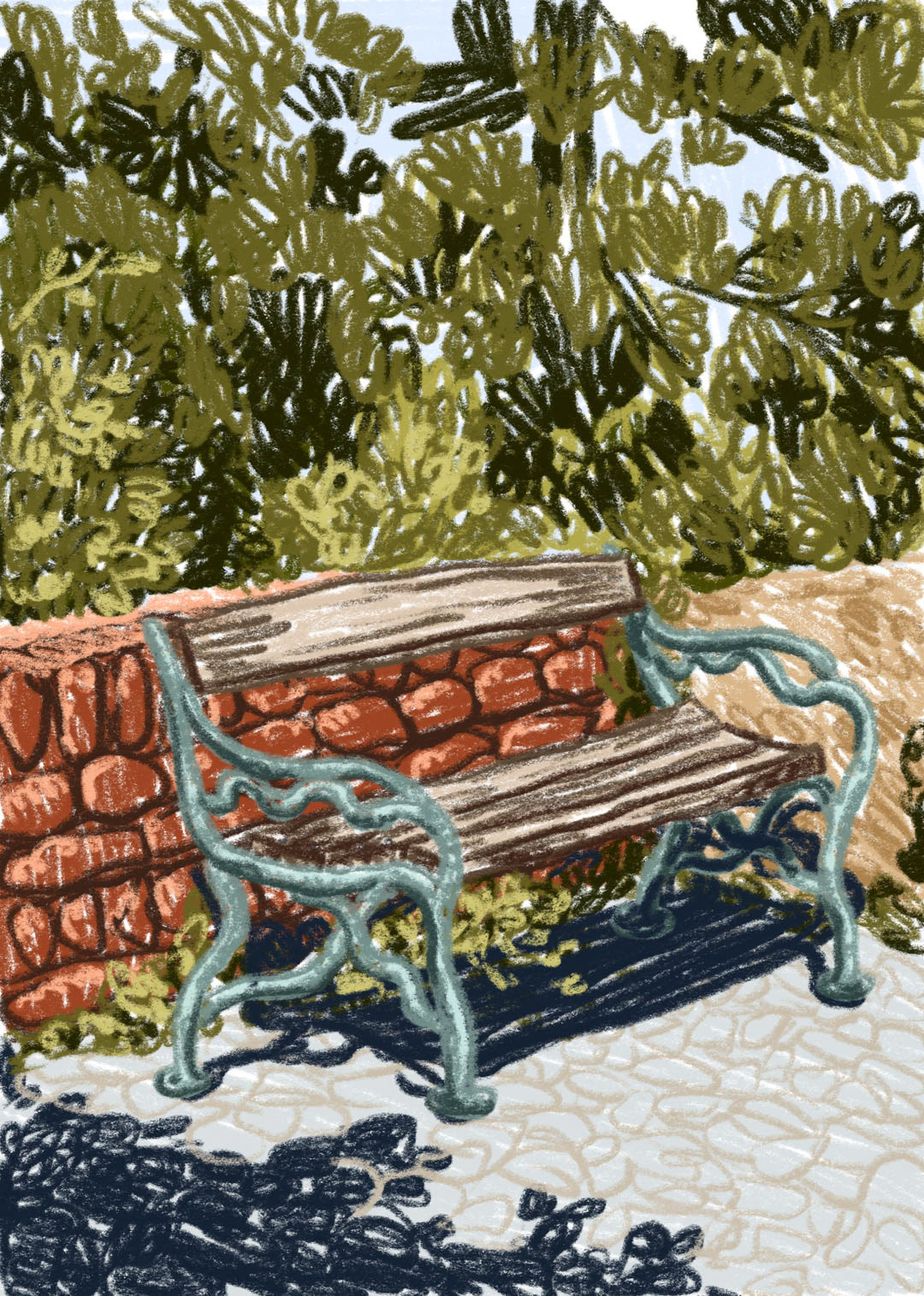 digital illustration showing a bench on top of the Schlossberg Graz with a brick wall and trees in the back