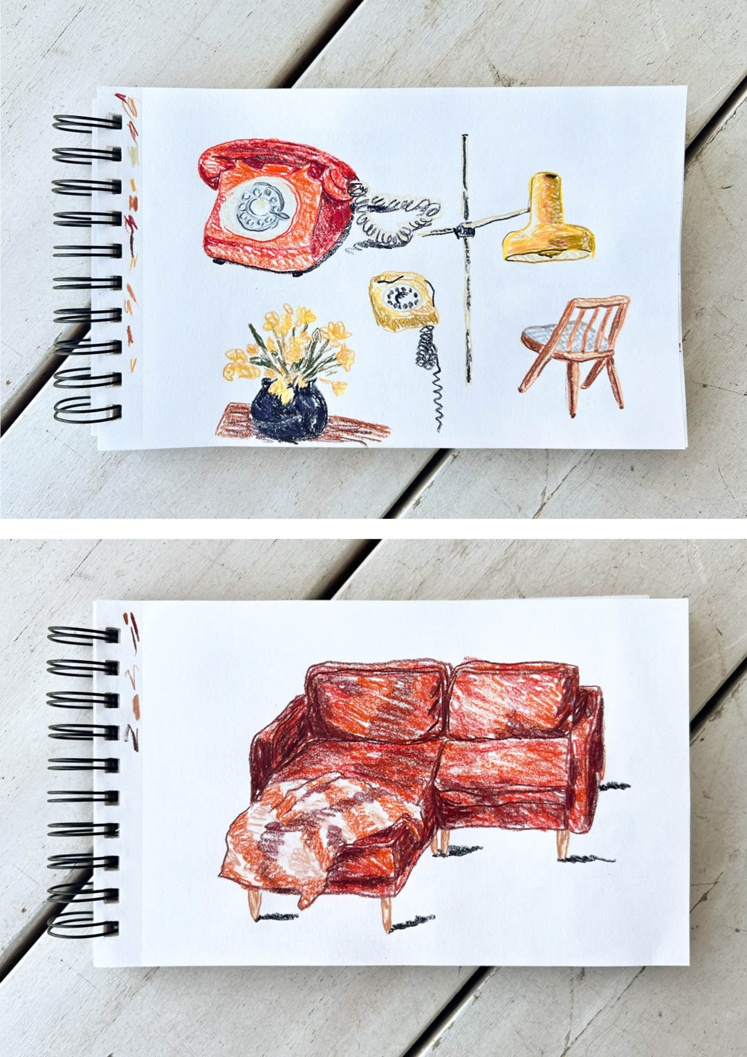hand-drawn sketches of nostalgic and new furniture pieces and decorations by Bianca Gschlecht