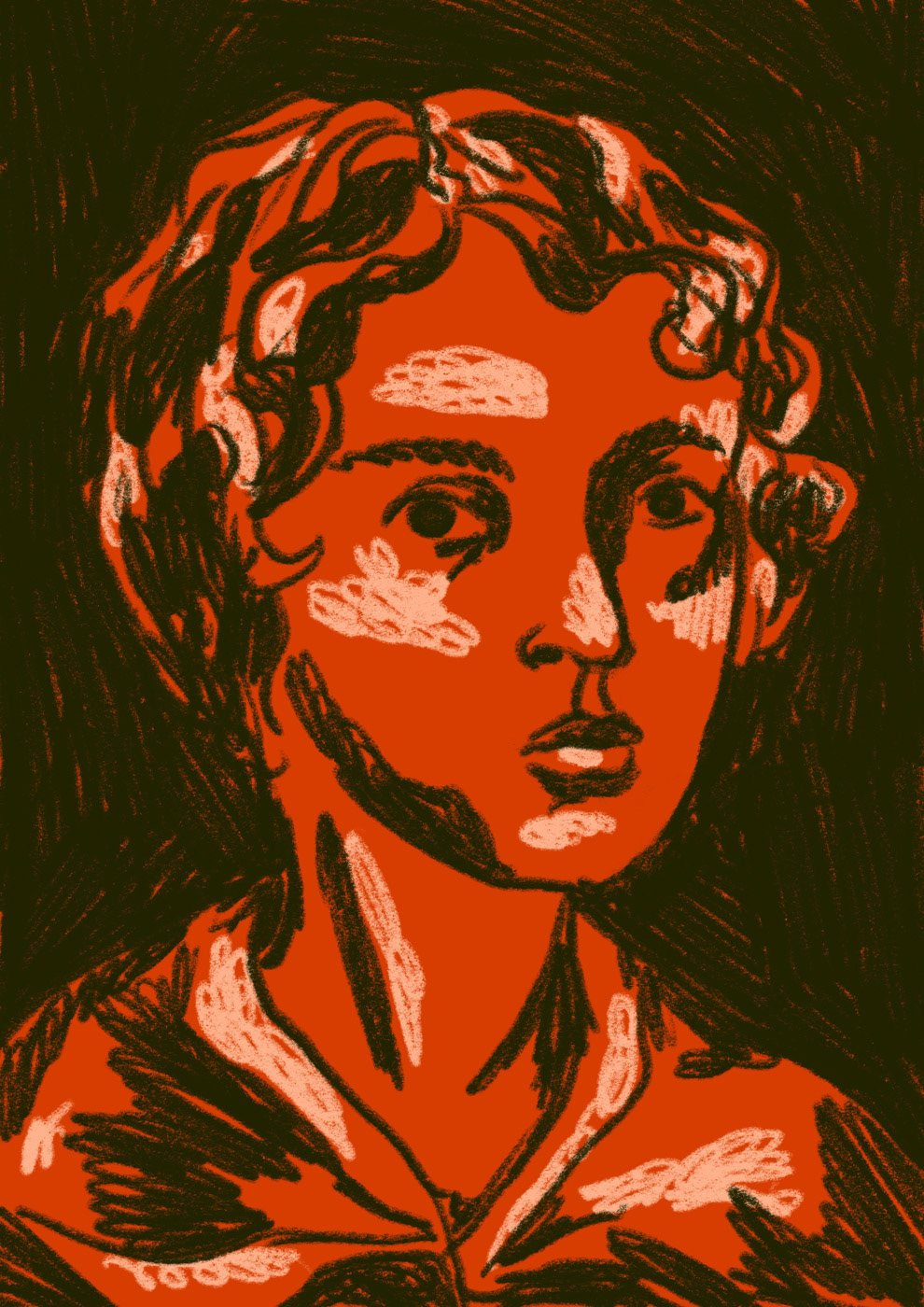illustrated portrait of Emily Brontë in bright orange-red and dark green. By Bianca Gschlecht