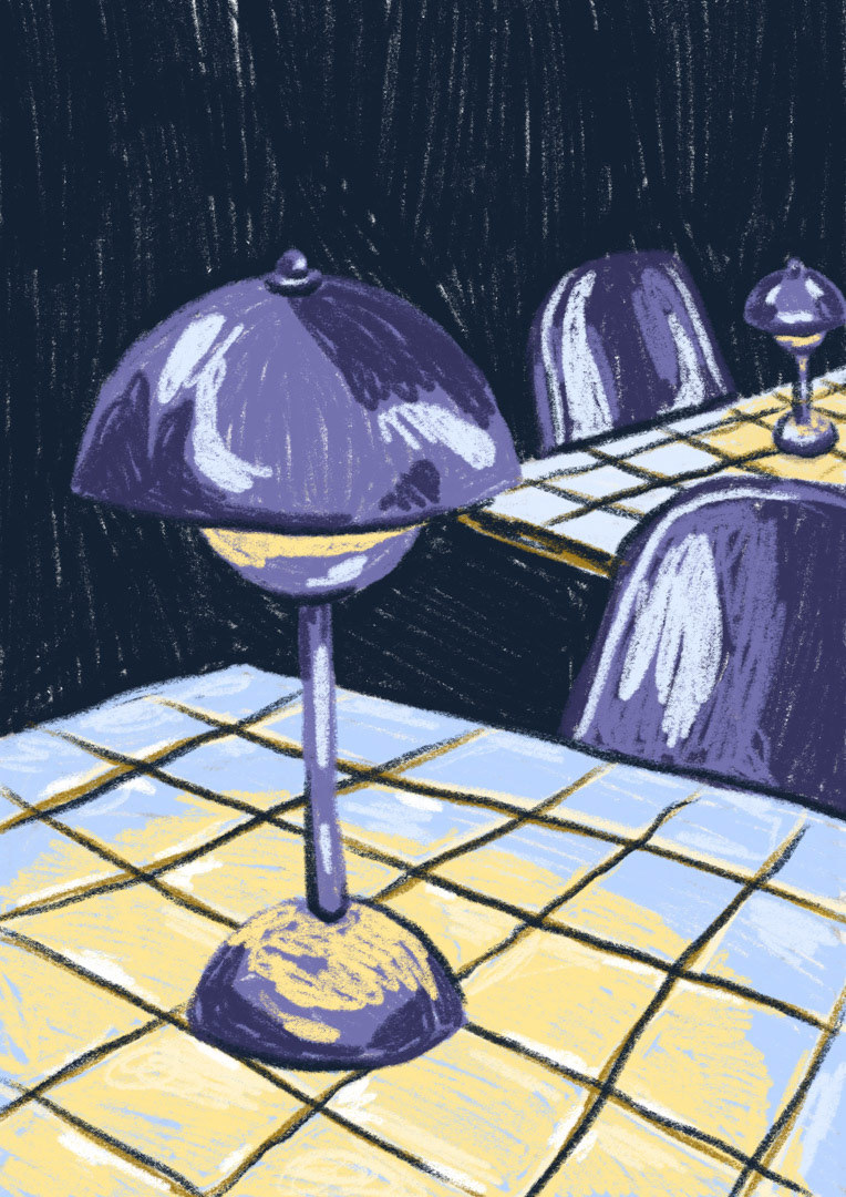 dark and mysterious illustration in a café with Verner Panton’s flowerpot lamp. Bianca Gschlecht