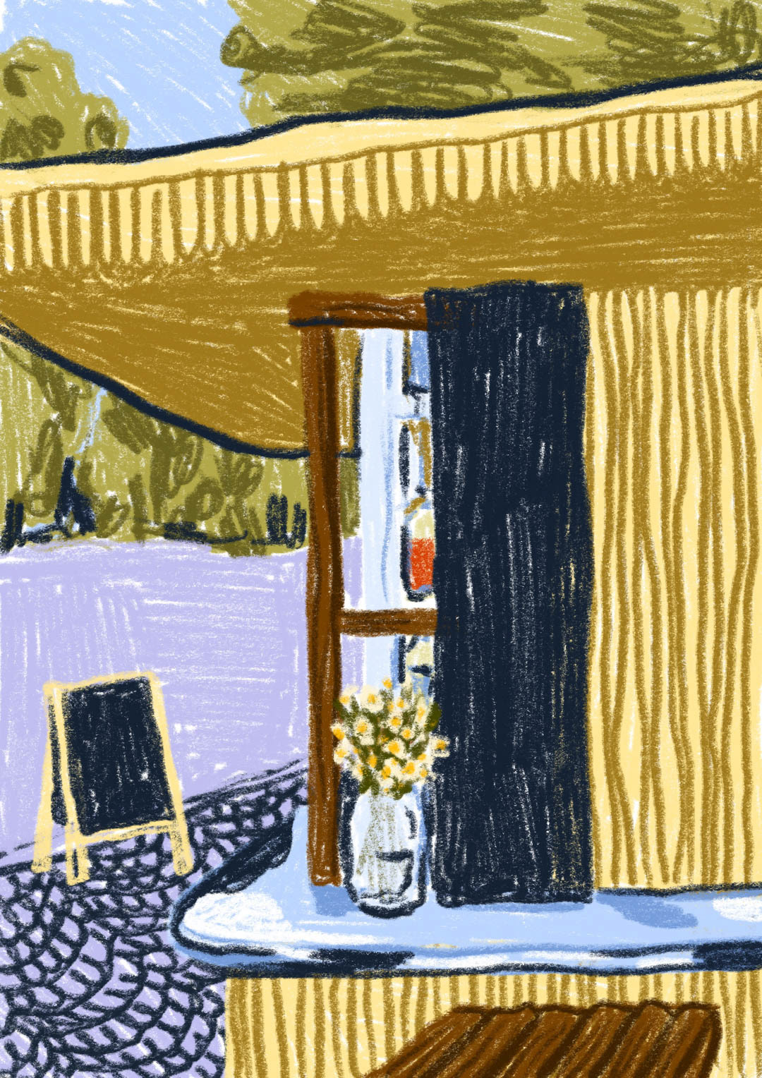 illustration showing the side view of Jugge Bar Helsinki, a small kiosk with trees in the back and a vase with flowers. By Bianca Gschlecht