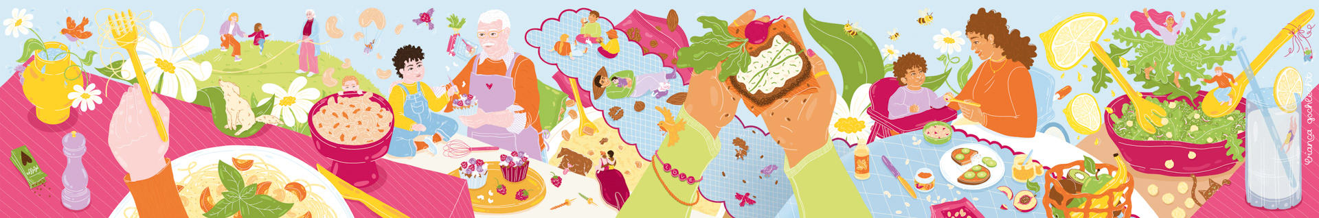 digital illustration of spring and food-themed window display illustration for dm Drogeriemarkt, blending indoor and outdoor scenes with playful details