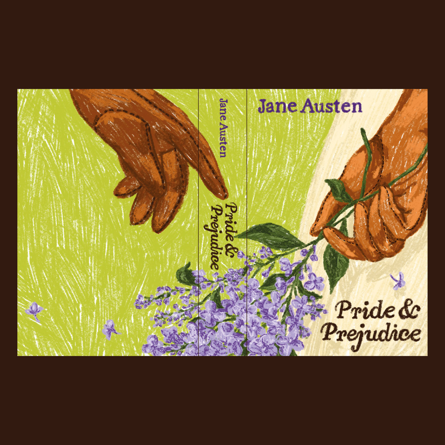 illustration for novel pride and prejudice by Jane Austen showing intimate moment with two hands almost touching and lavendar flowers by bianca gschlecht