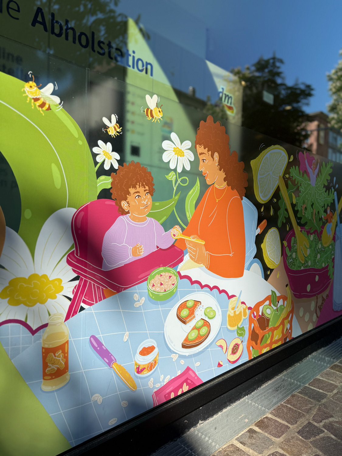 Spring-themed window display illustration for dm Drogeriemarkt, blending indoor and outdoor scenes with playful details
