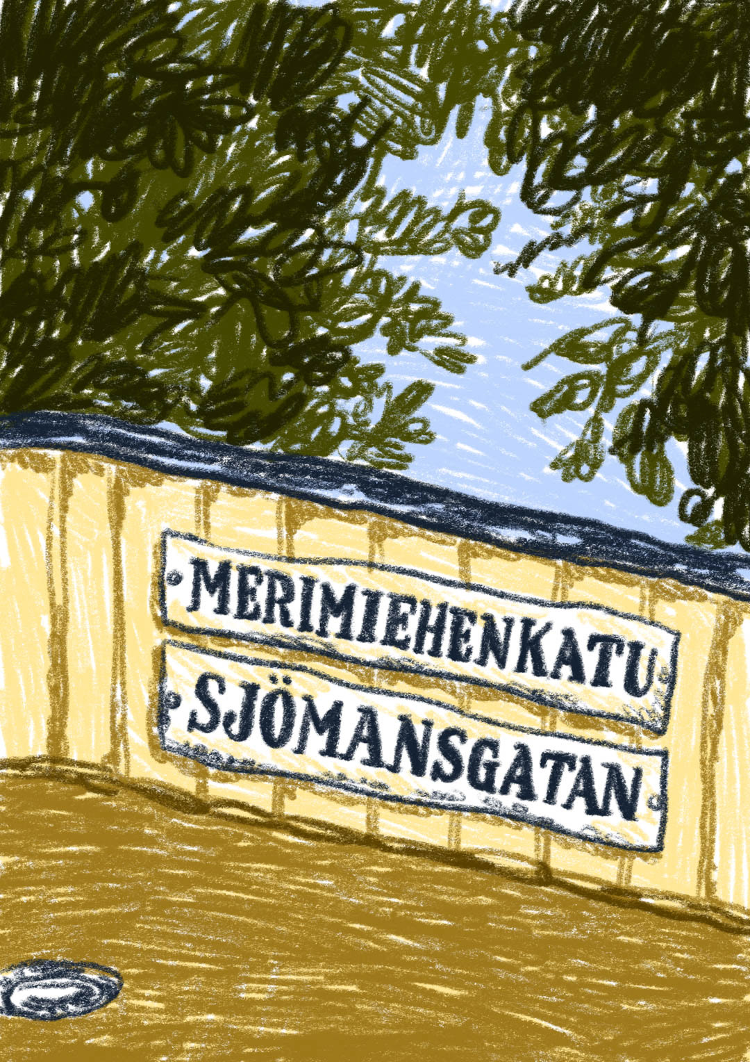illustration of trees and street signs attached to roof of Jugge Bar in Helsinki. By Bianca Gschlecht