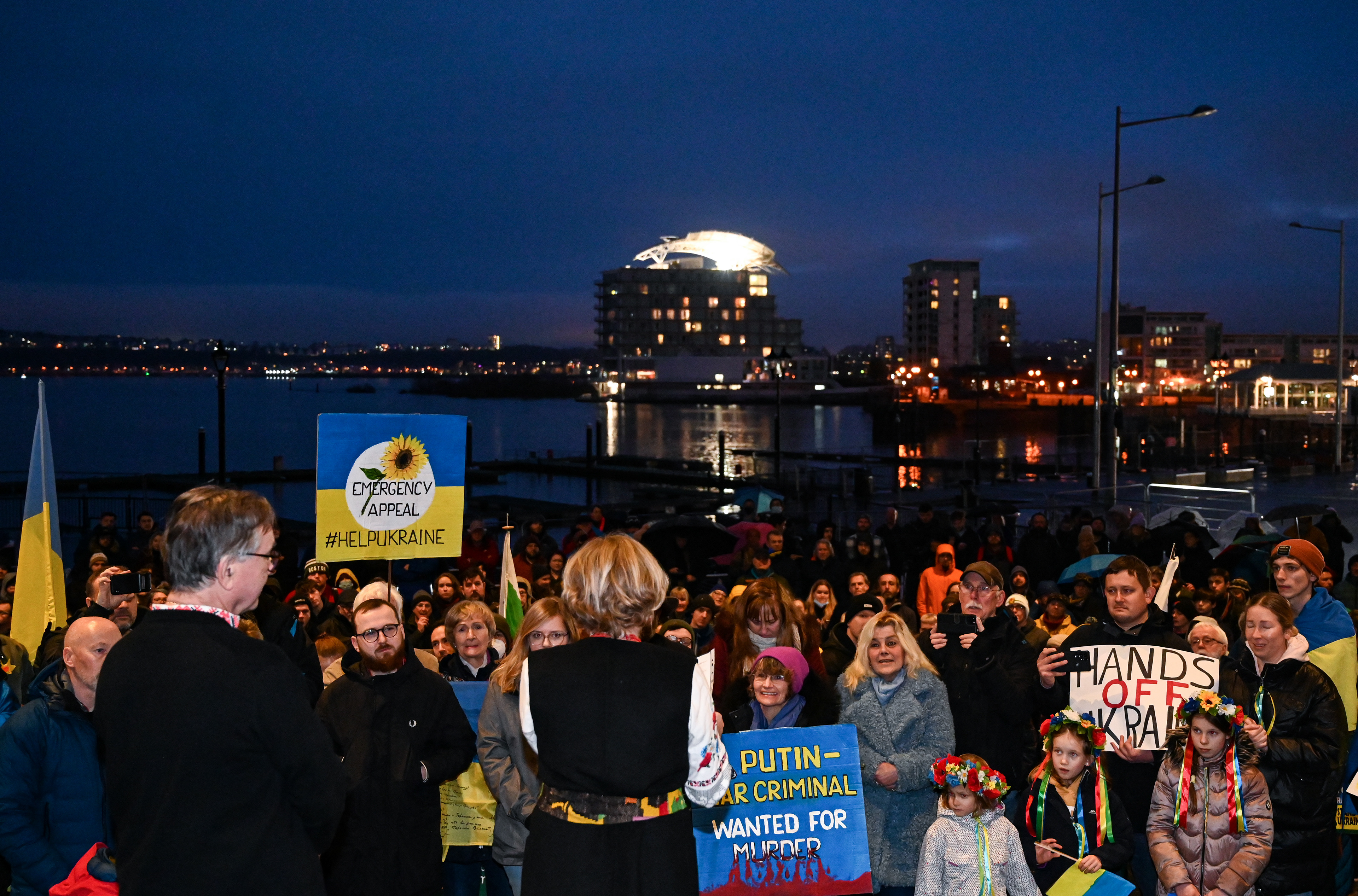 28th February 2022, Cardiff, Senedd, South Glamorgan, Wales, UK. People gathered in Cardiff Bay next to Welsh Senedd to protest against "Russian occupation". On 24th of February Russia launched its attack on Ukraine. Photo © Karolina Król 28/02/2022