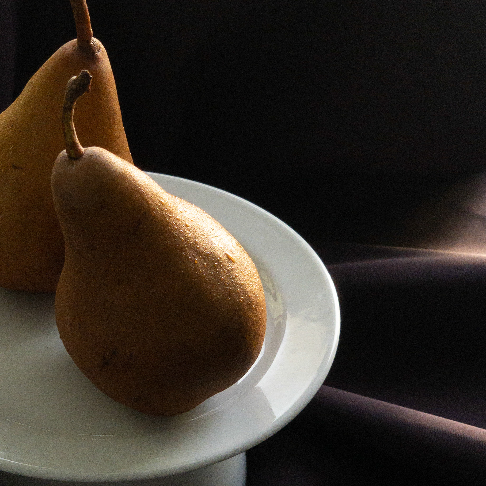 portfolio of food photographer Culinart Photography by Carmen DMV MD pears on white plate aubergine fabric