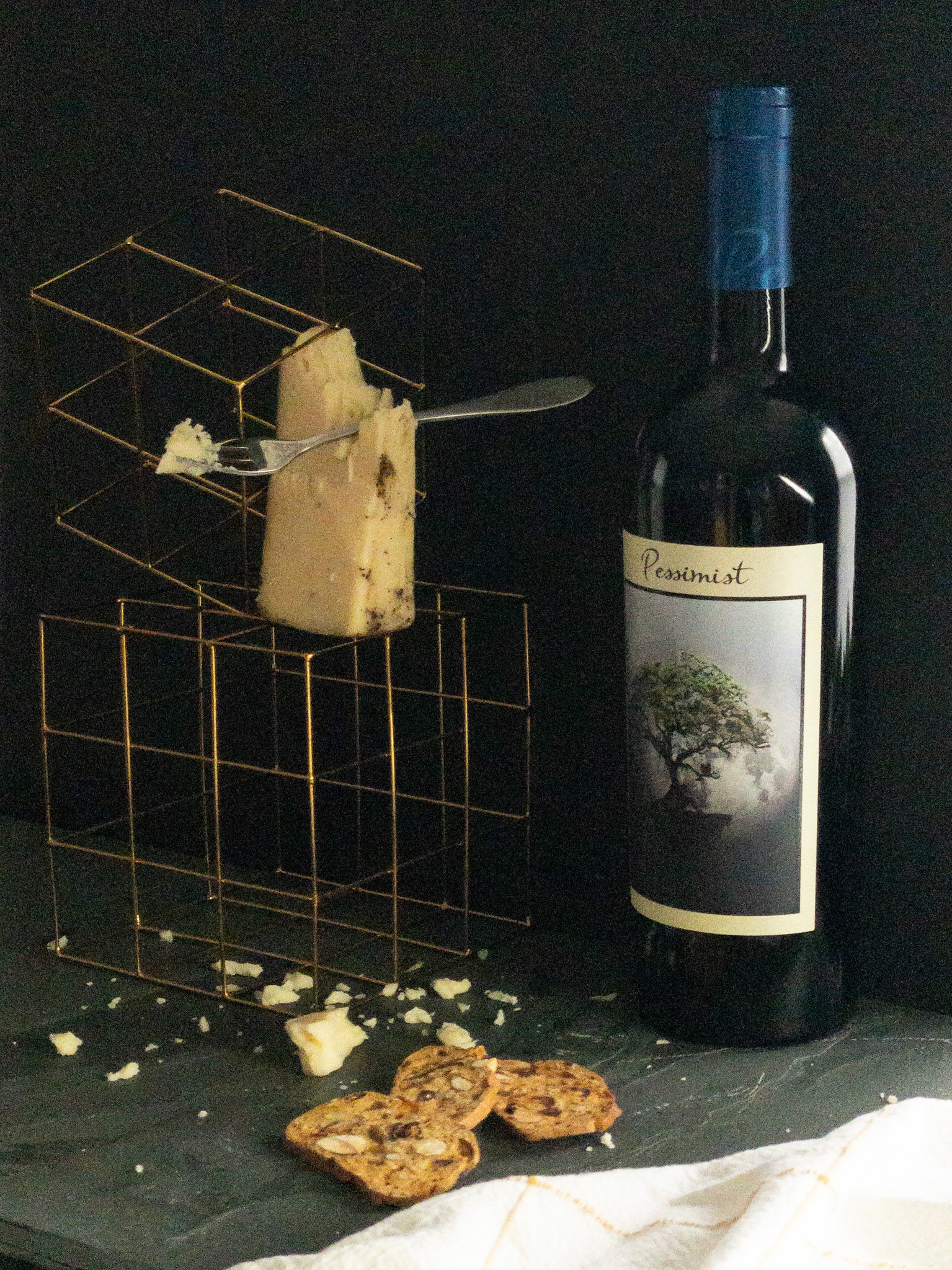 portfolio food photographer Culinart DMV MD cheese with fork and wine bottle