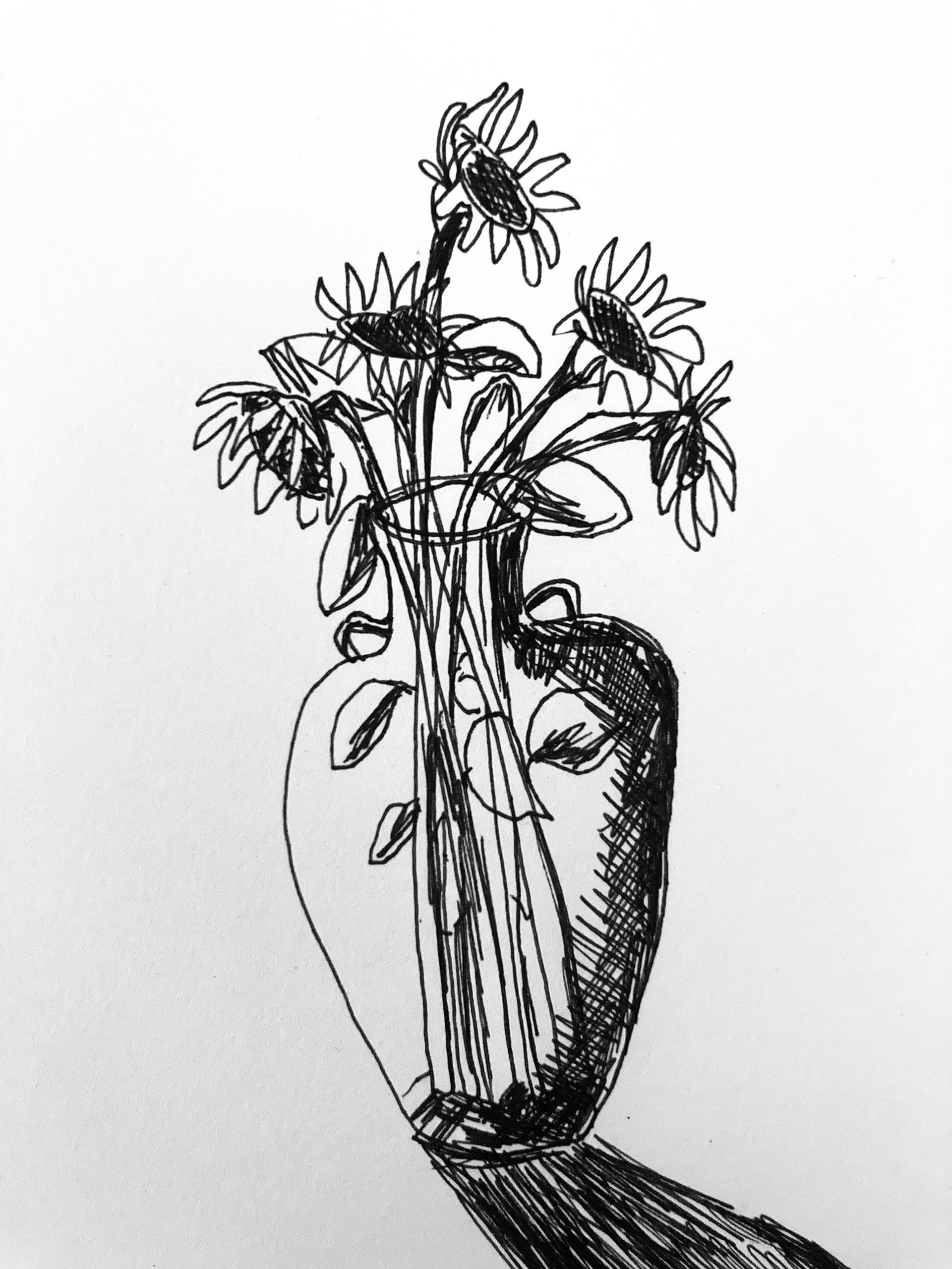 VASE WITH SUNFLOWERS, PEN, 2022