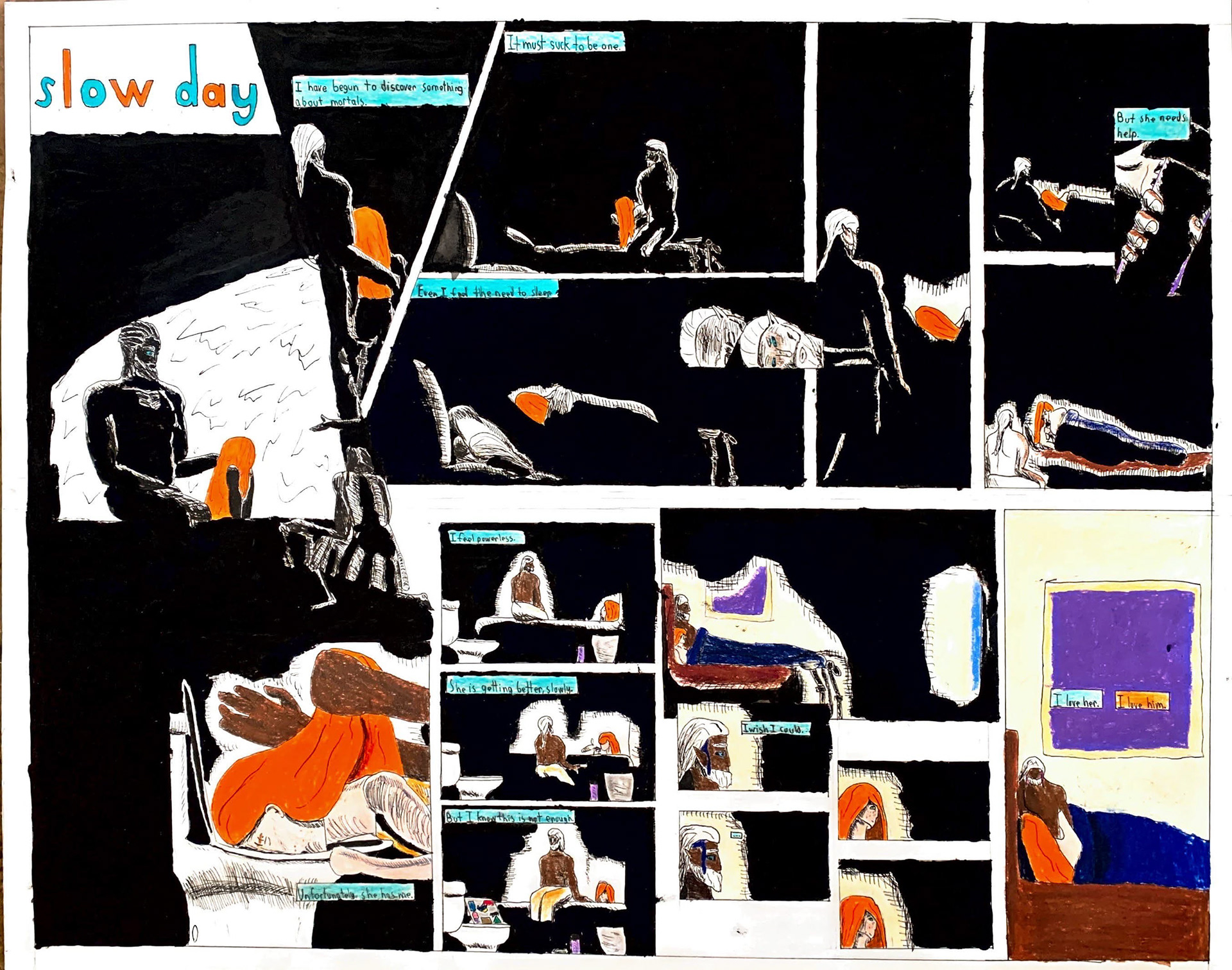 "Slow Day" (Ink, Colored Pencil, Gouache)