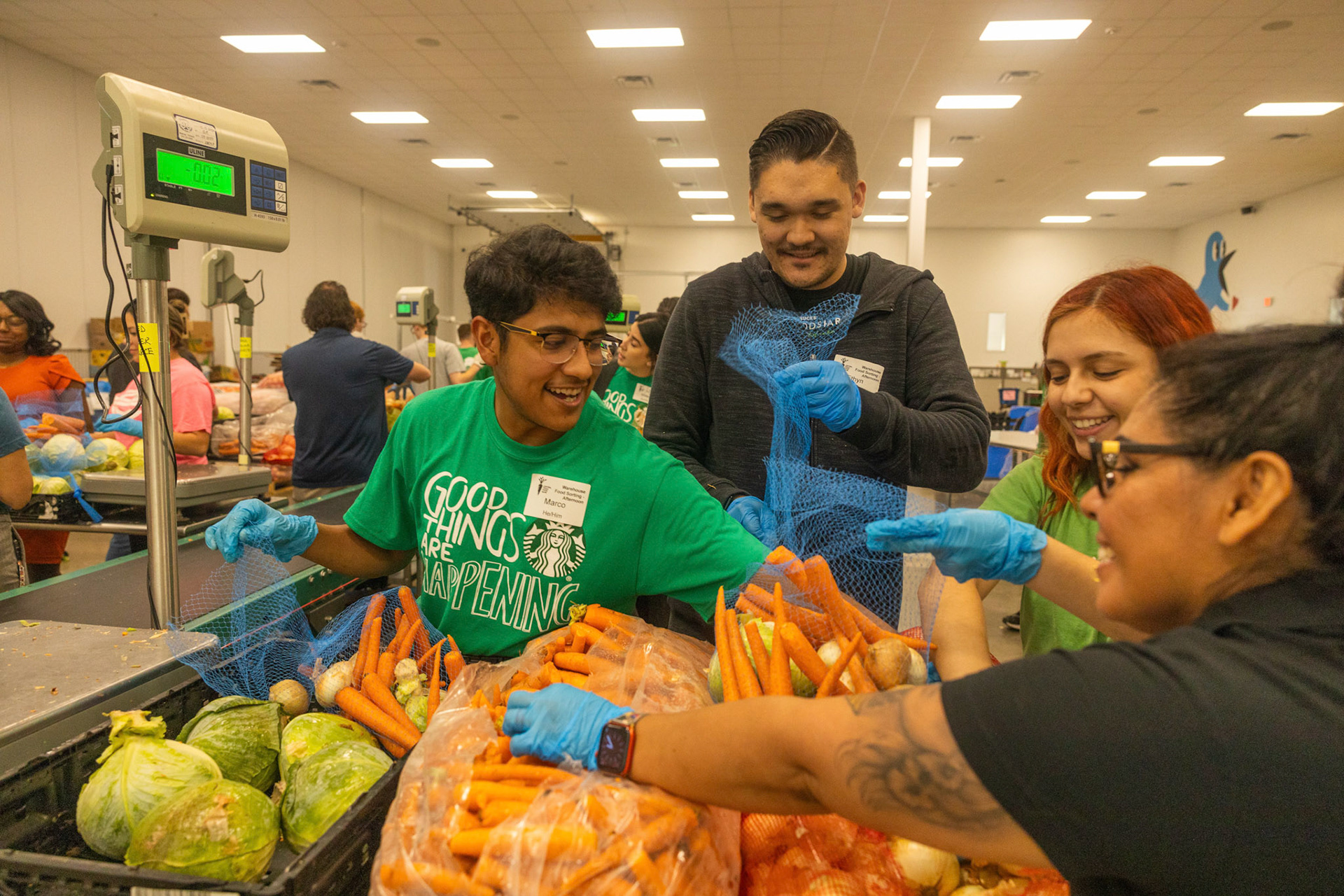 Volunteers fill 10 lb produce bags with carrots, cabbage and onions. 