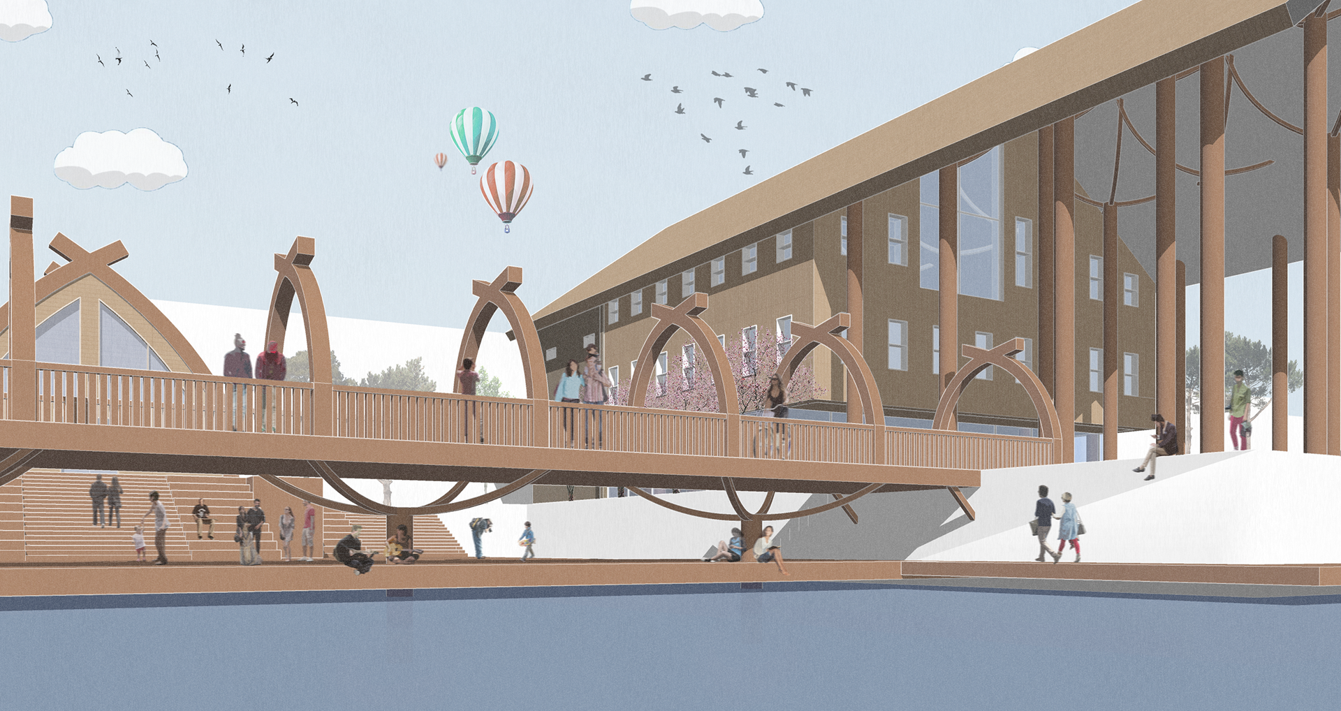 External view of meditation platform and bridge
