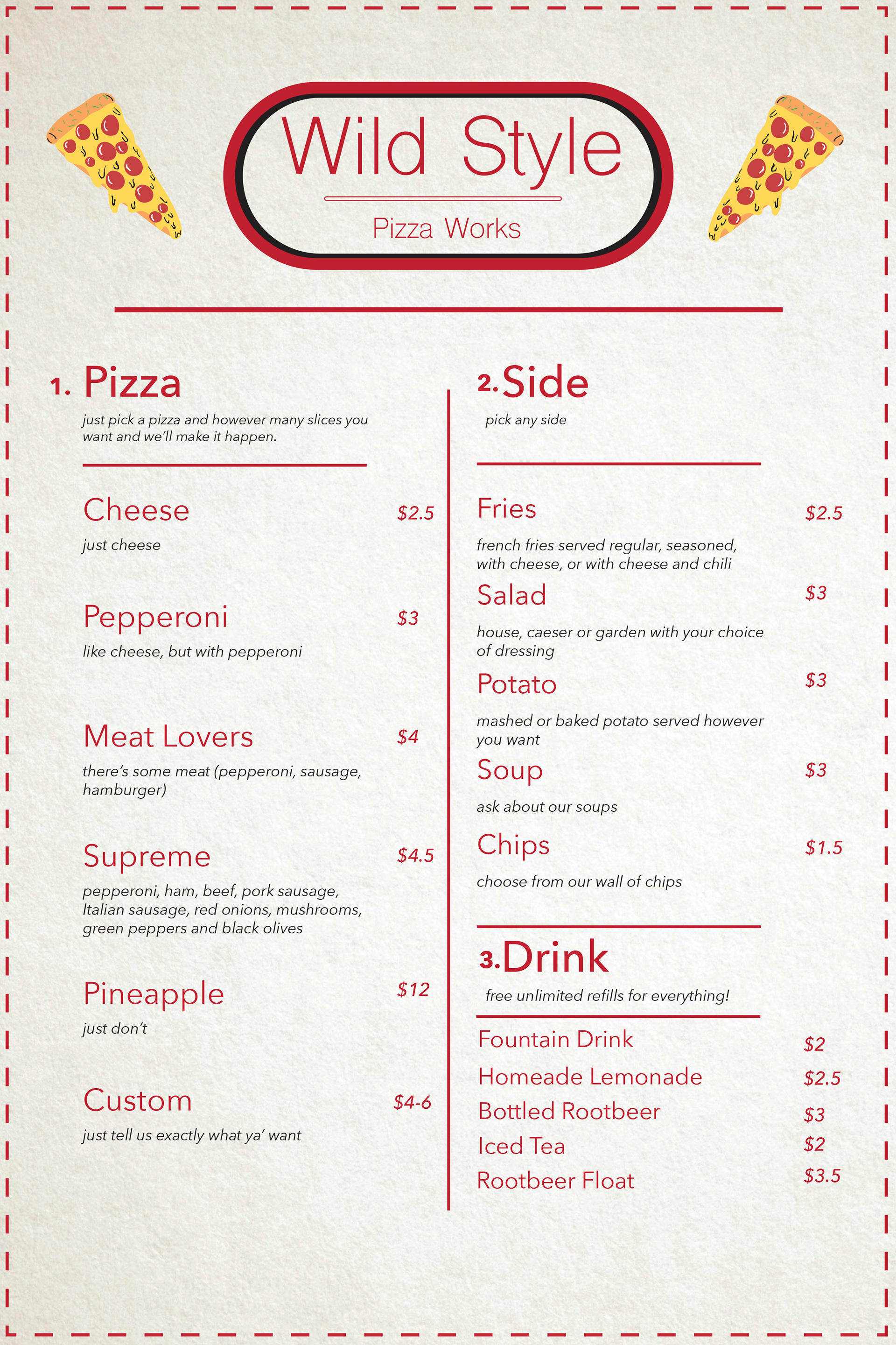 Actual menu design for the same pizza company.