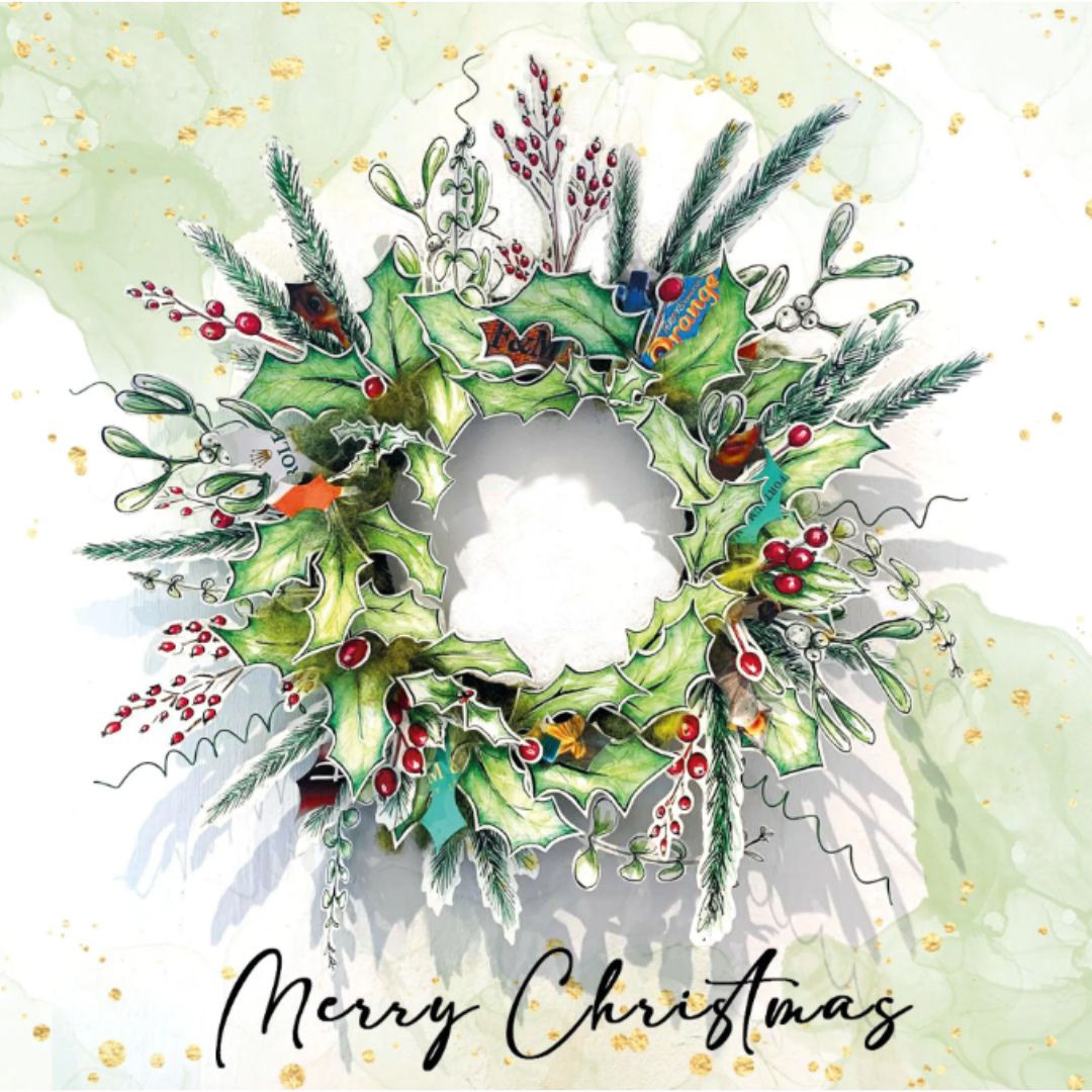 ‘Collating wire, fabrics, felt and utilising dipping inks and watercolour elements, I collected plants from my homes garden as a source of reference, drawing and cutting out each element individually. I then combined all the elements to create this wreath, a symbol of Christmas and my home.  The wreath is a decoration placed on my front door, the entrance to my home and a reminder of the beauty of the countryside around my family and I. If you look very closely you will see images of rubbish tips, a girl from an Asian factory (denoting slave labour) and a collage of expensive brands. A juxtaposition and reminder that the natural beauty of Christmas costs nothing, there is a dark side. Behind the façade of Christmas cheer and extravagant brands lies a harsh reality. The festive season, often associated with joy and generosity, is also a time of exploitation and ecological ruin. To me the Christmas home isn’t superficial, it has substance, truth and deep spiritual meaning.’
