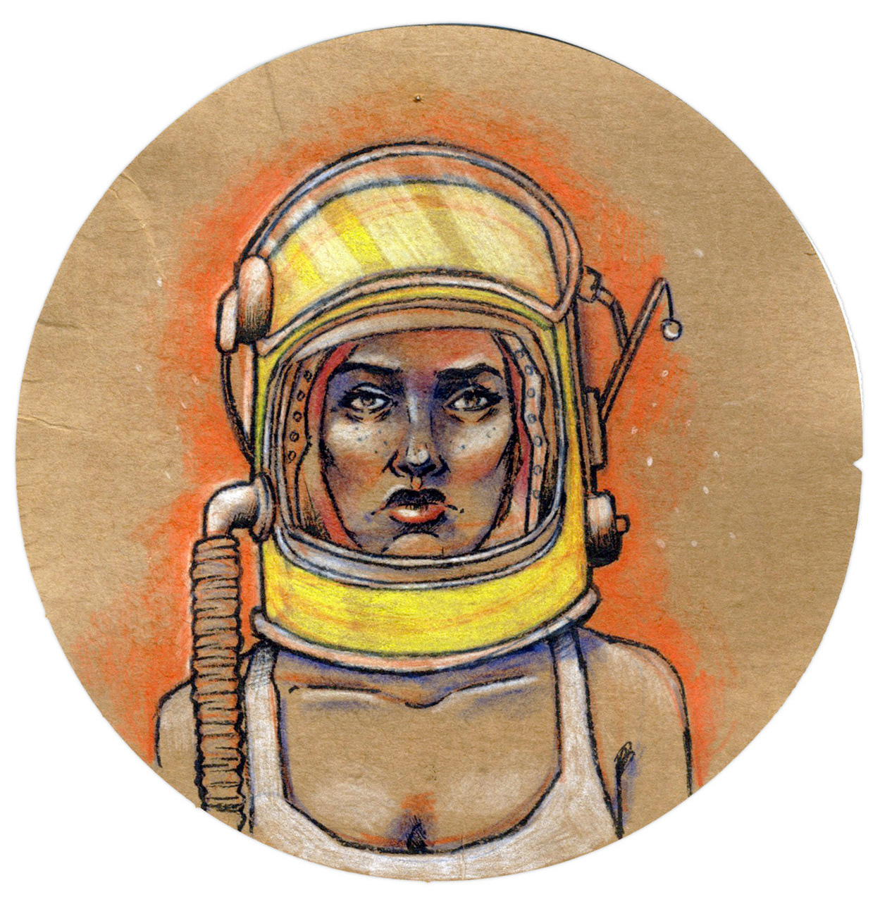 Portrait of cosmonaut girl on old packaging