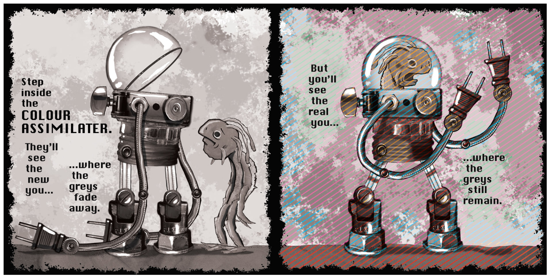 Two greyscale images, one with faint coloured lines, giving the illusion of full colour.