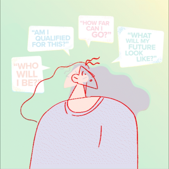 A work in process GIF using hand drawn animation of a character looking worried and confused before sighing with relief for National Careers Week.