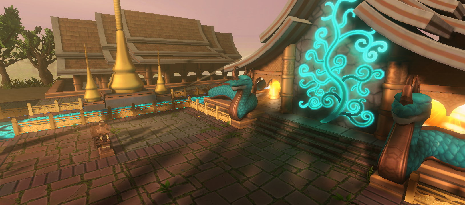 地圖主題：泰國 (概念參考 詩琳通寺/螢光廟), 負責： 場景3D製作、障礙物設計 Unity Lighting & Bake