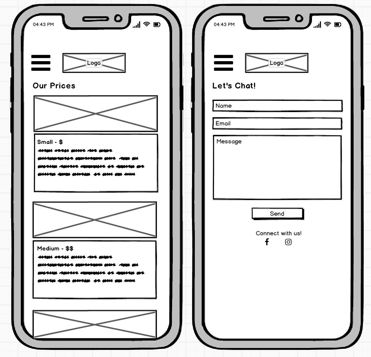 Low Fidelity (L-R): Pricing Page, Contact Page