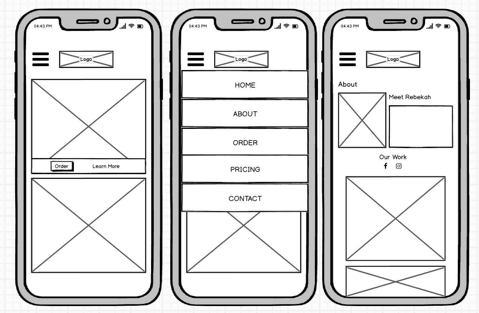 Low Fidelity (L-R): Home Page, Hamburger Menu, About Page