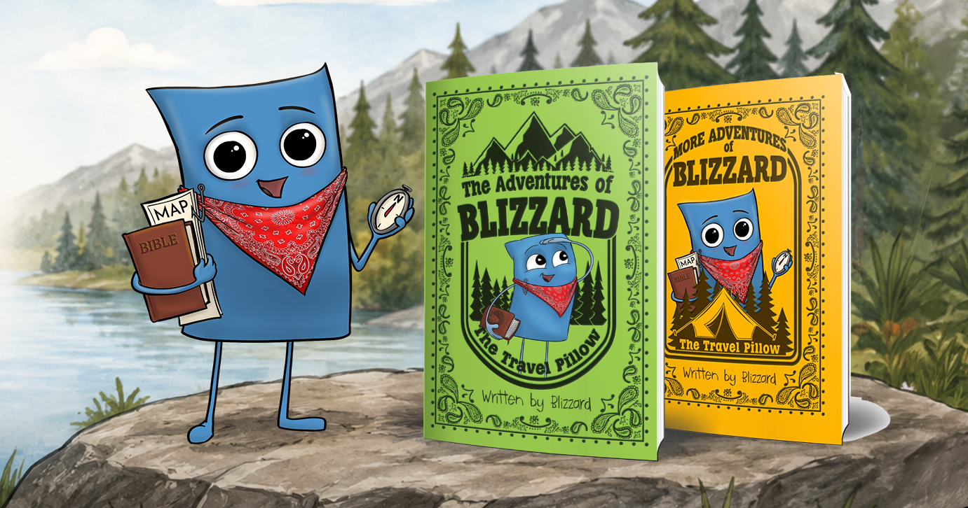 An illustration of Blizzard the Travel Pillow standing next to his two books.