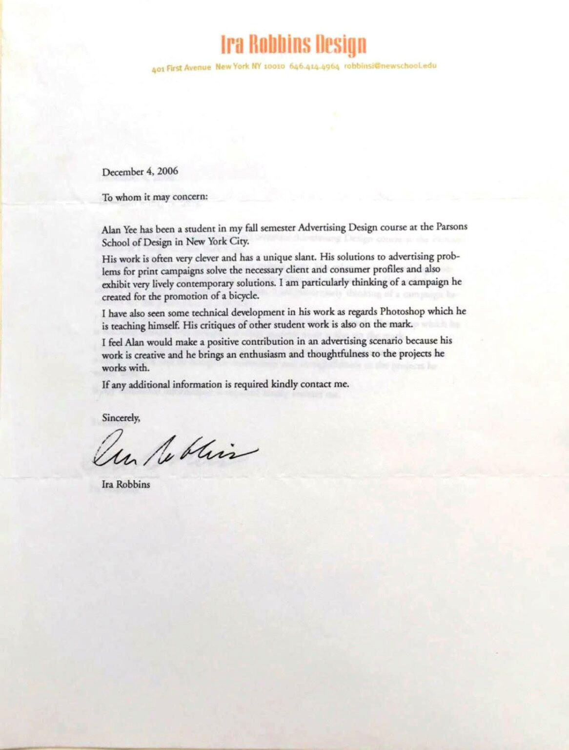 N E W Y O R K - LETTER FROM parsons NYC
