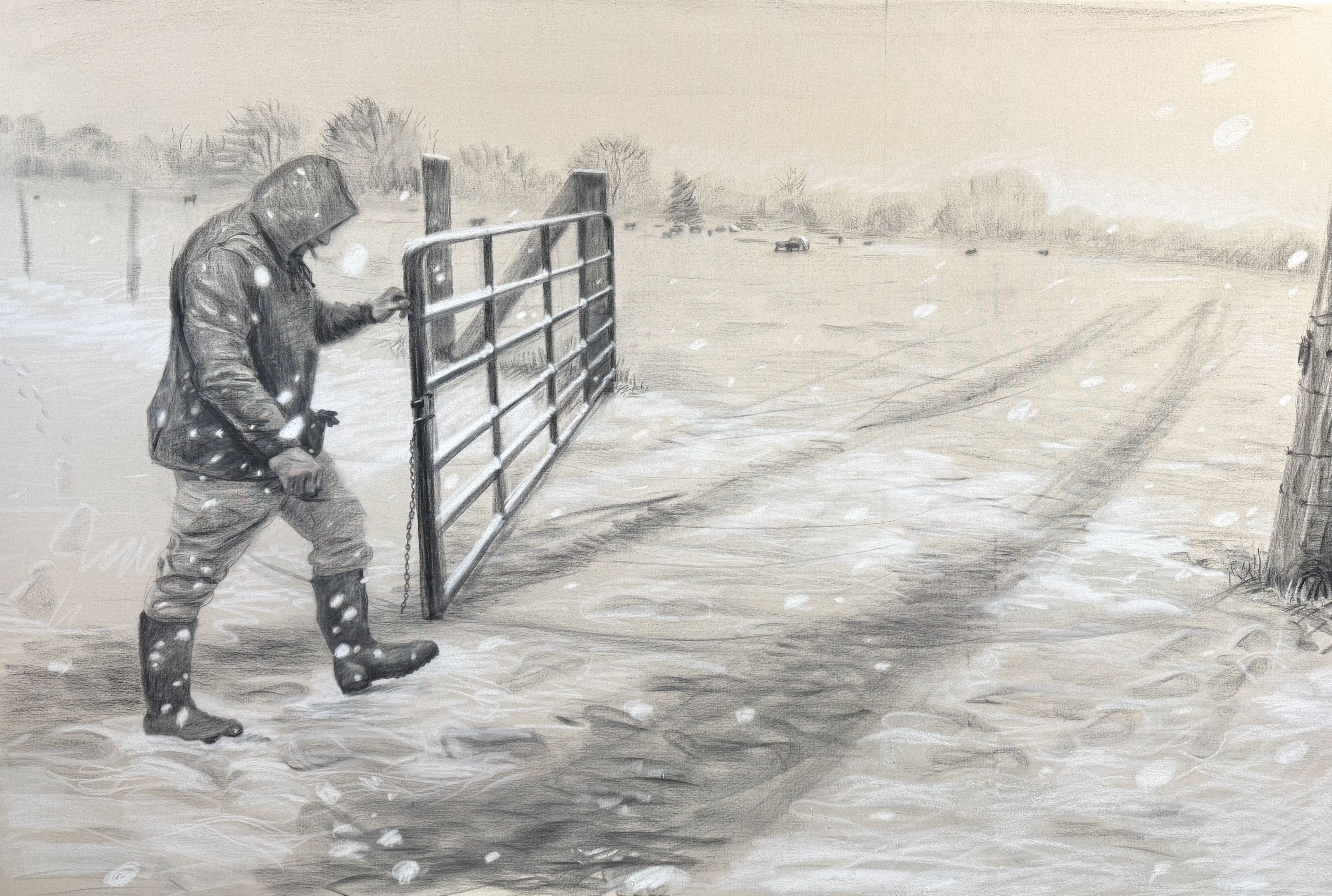 At the Gate, charcoal, watercolor, and pastel on raw canvas, 2025, 48x72"