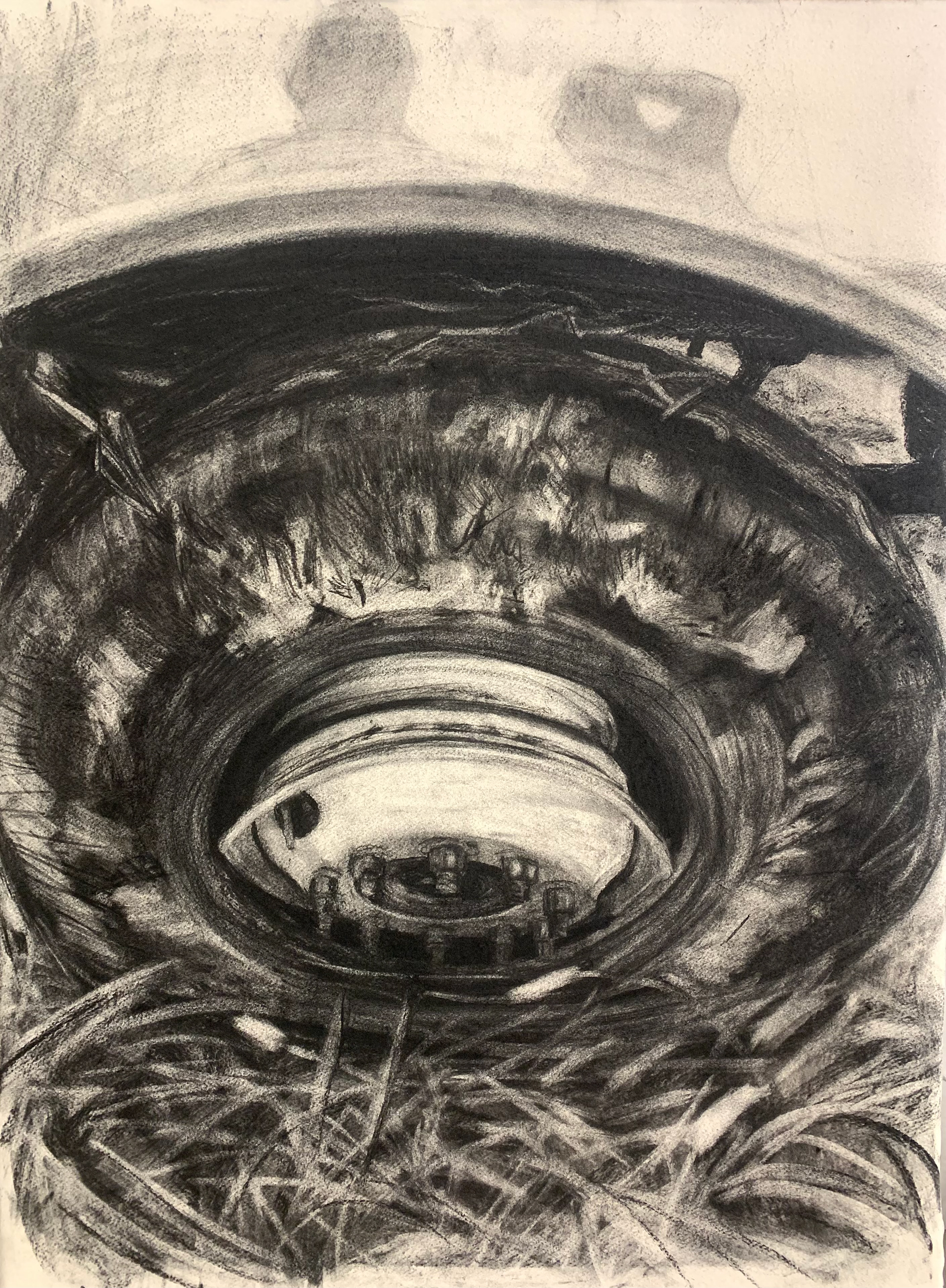 Blown Grain Truck Tire on the Side of the Highway, charcoal on paper mounted on canvas, 2025, 40x30"