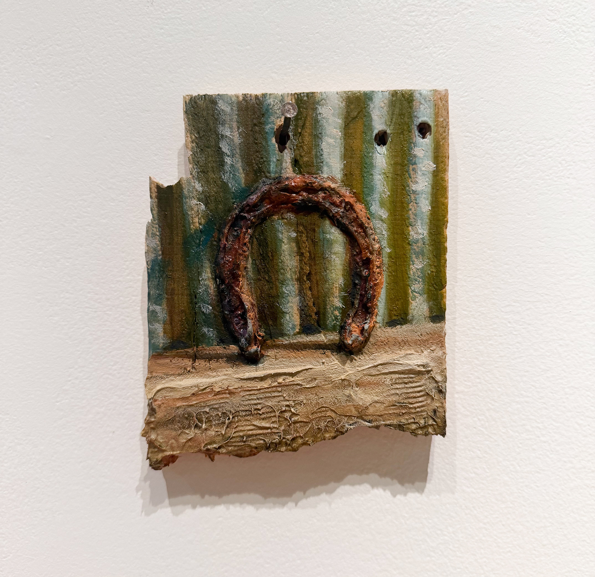 "Origin", 2025, oil on reclaimed wood pallet board with rusty nail, 8" x 6"