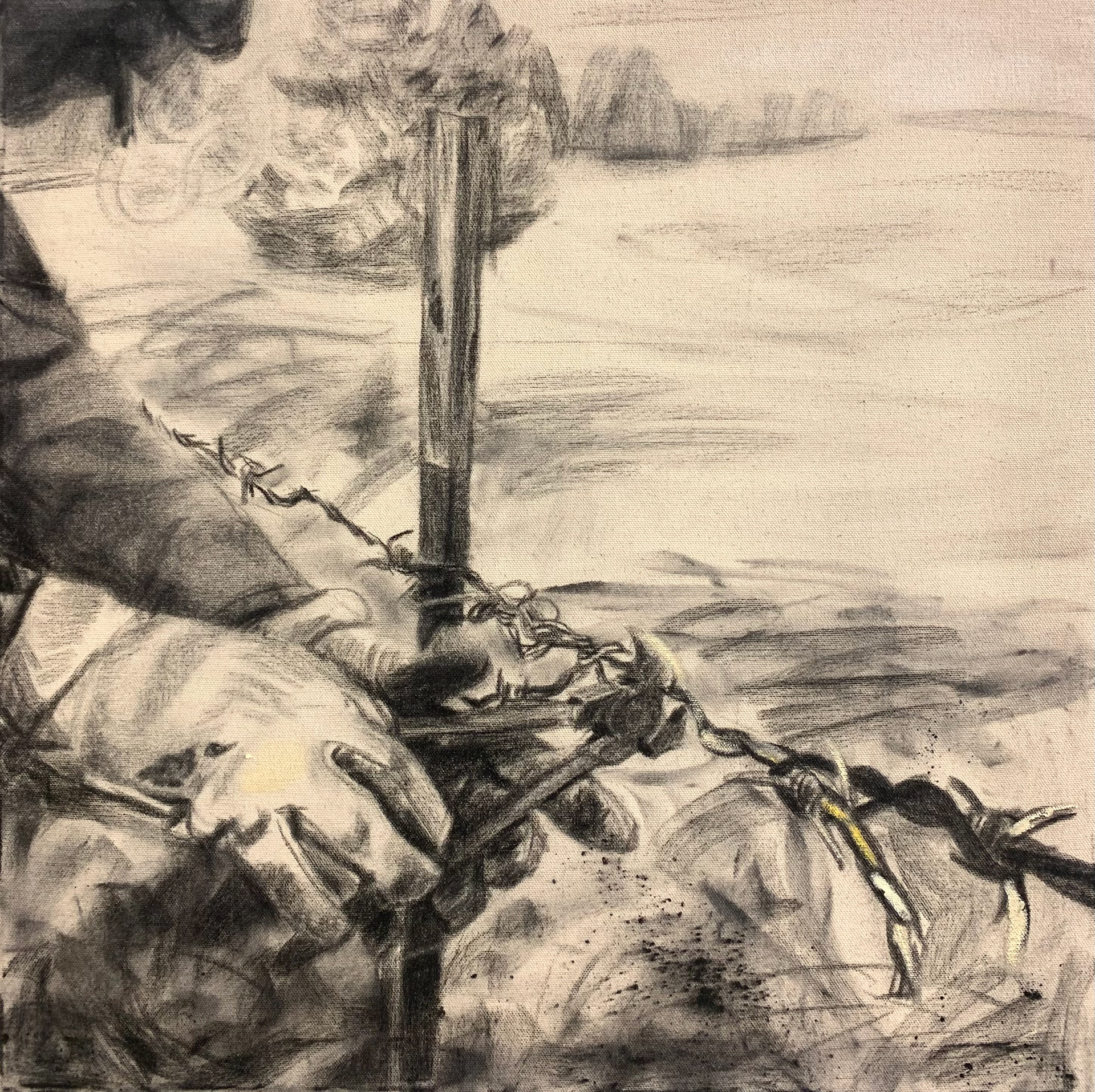 Mending Fences, charcoal and oil stick on canvas, 2025, 24x24"