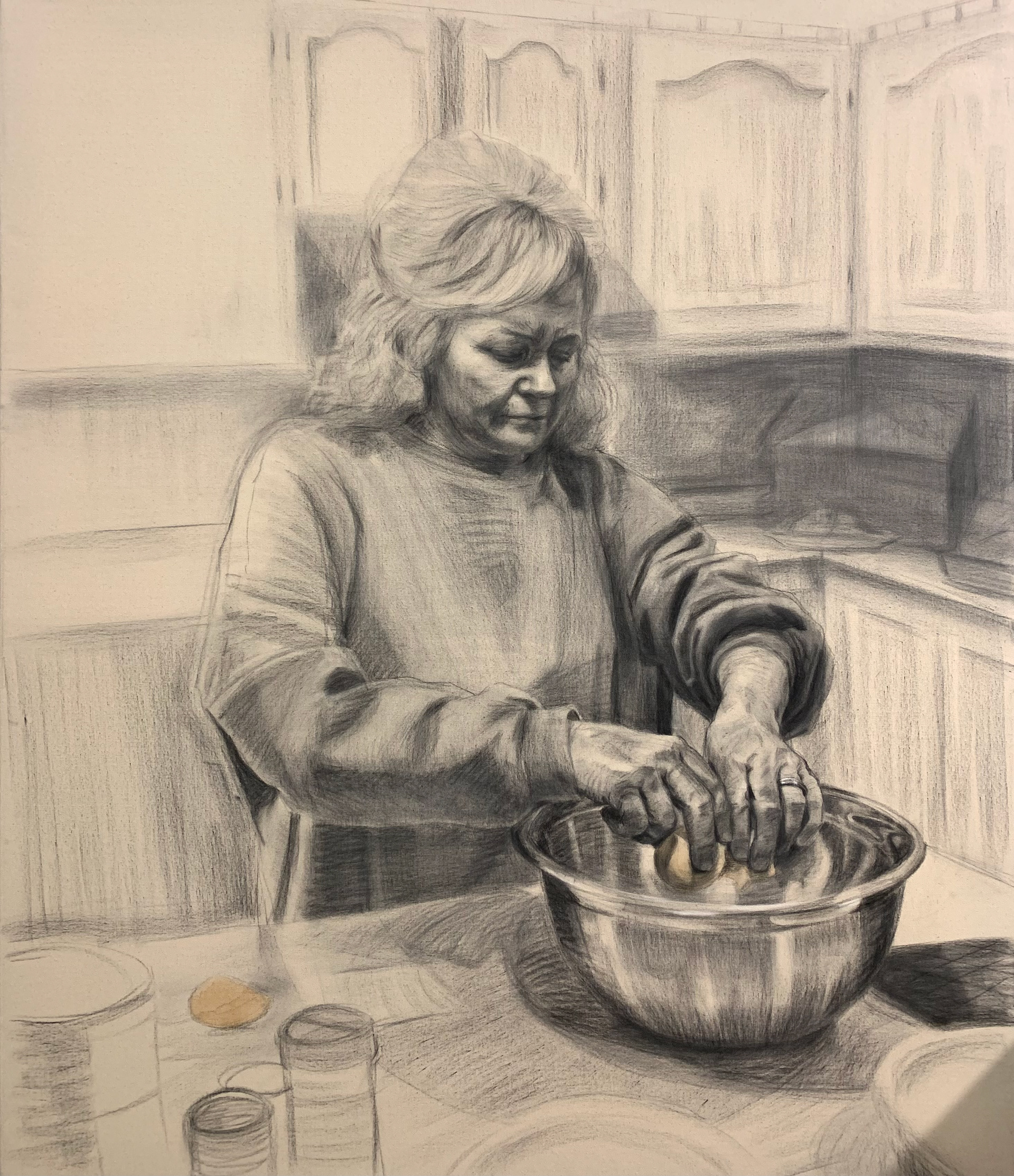 Mom on Thanksgiving, charcoal on canvas, 2025, 50x40"