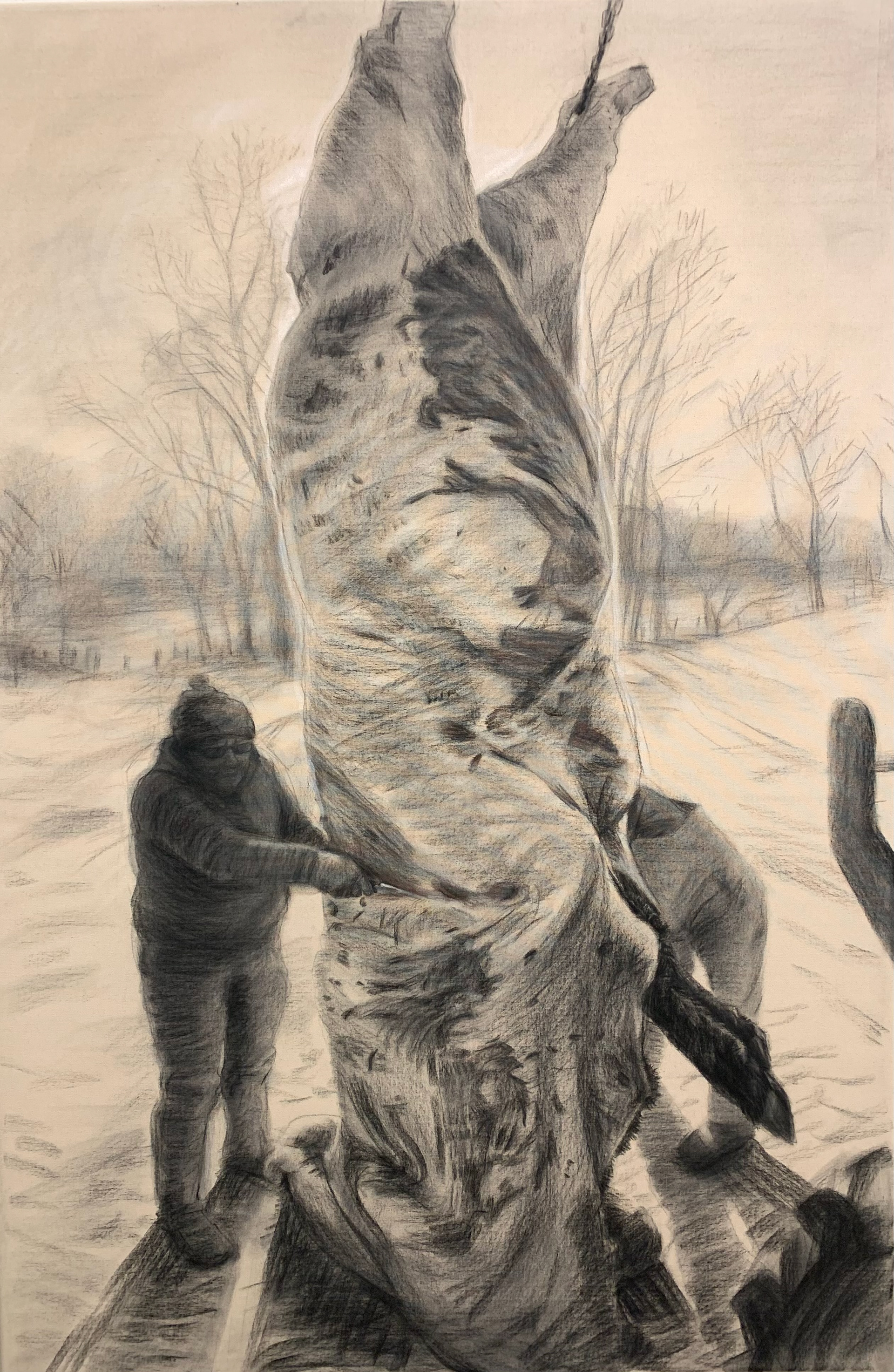 Sustenance, charcoal and pastel on raw canvas, 2025, 72x48"